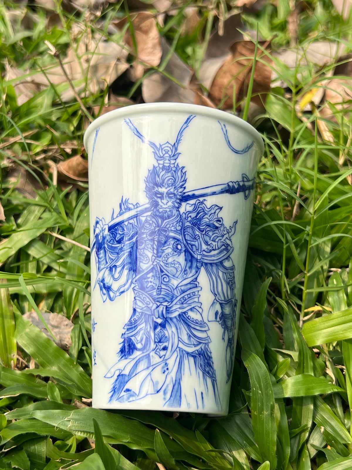 Handpainted Jingdezhen Teacup Chinese Wukong Monkey King White Blue Porcelain Fine China Cup