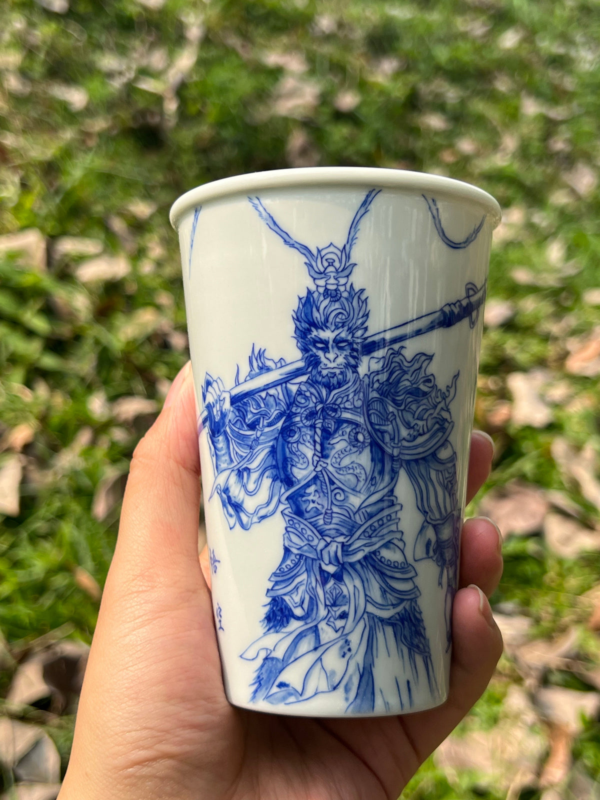 Handpainted Jingdezhen Teacup Chinese Wukong Monkey King White Blue Porcelain Fine China Cup