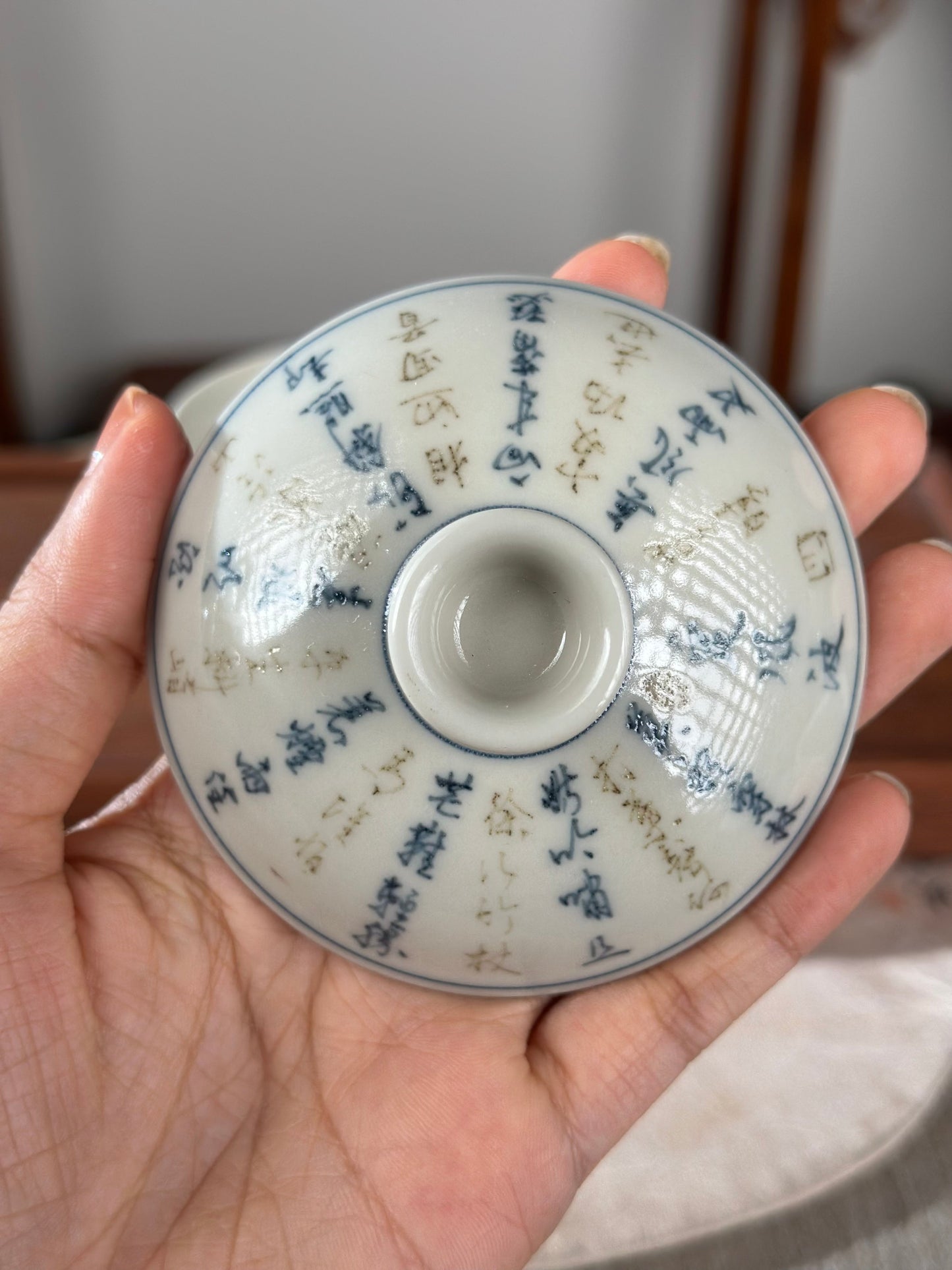 Handpainted Calligraphy Chinese Luxious Blue White Porcelain Underglaze Gold Youlijin Gaiwan Set Artwork Teacup