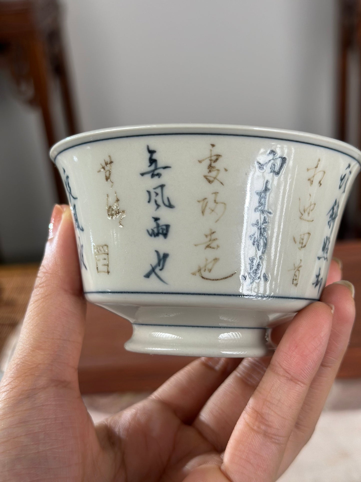 Handpainted Calligraphy Chinese Luxious Blue White Porcelain Underglaze Gold Youlijin Gaiwan Set Artwork Teacup