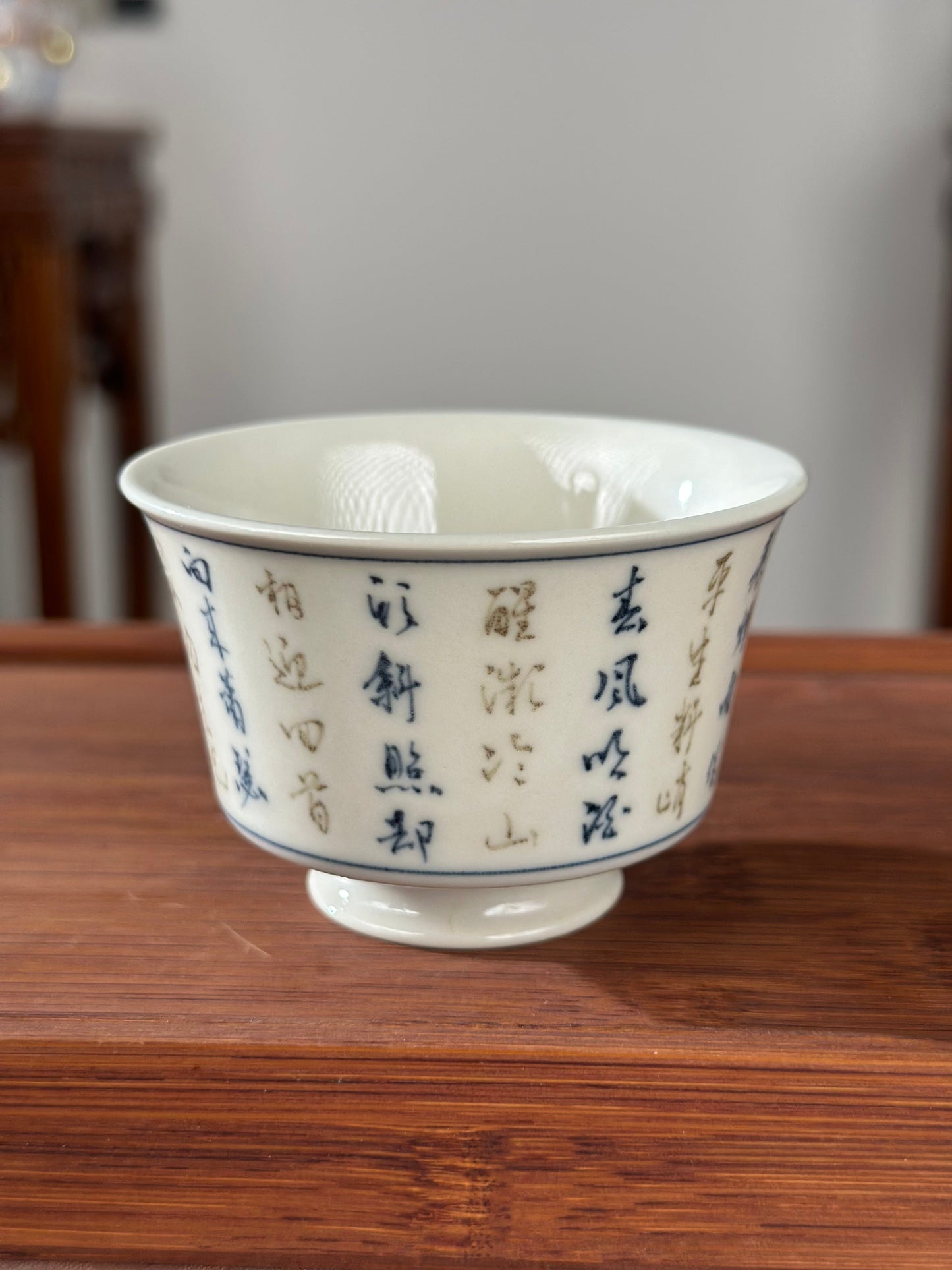 Handpainted Calligraphy Chinese Luxious Blue White Porcelain Underglaze Gold Youlijin Gaiwan Set Artwork Teacup