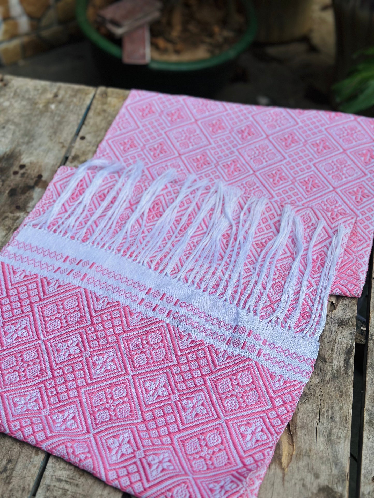 High-end Handcrafted Anise Field Pattern Chinese Pink White Zhuang Brocade Silk Cloth Scarf Tea Table Cloth