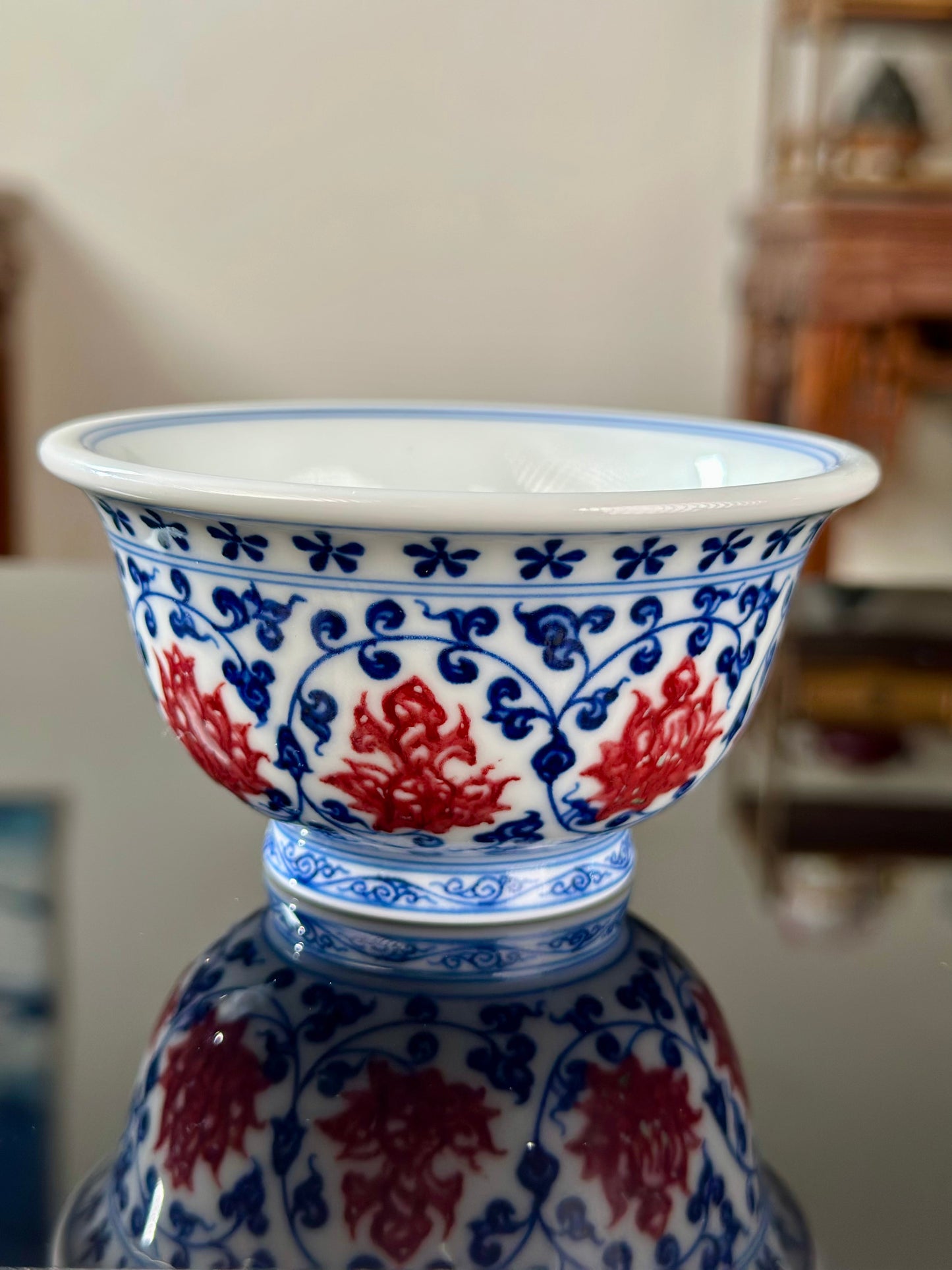 Handpainted Chinese Traditional Lotus and Twined Stem Pattern Blue and White Underglaze Red Youlihong Porcelain Jingdezhen