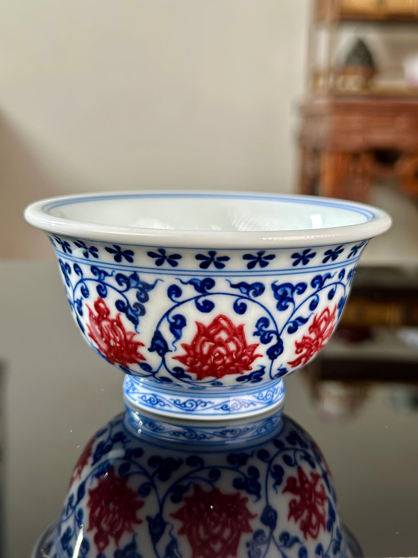 Handpainted Chinese Traditional Lotus and Twined Stem Pattern Blue and White Underglaze Red Youlihong Porcelain Jingdezhen