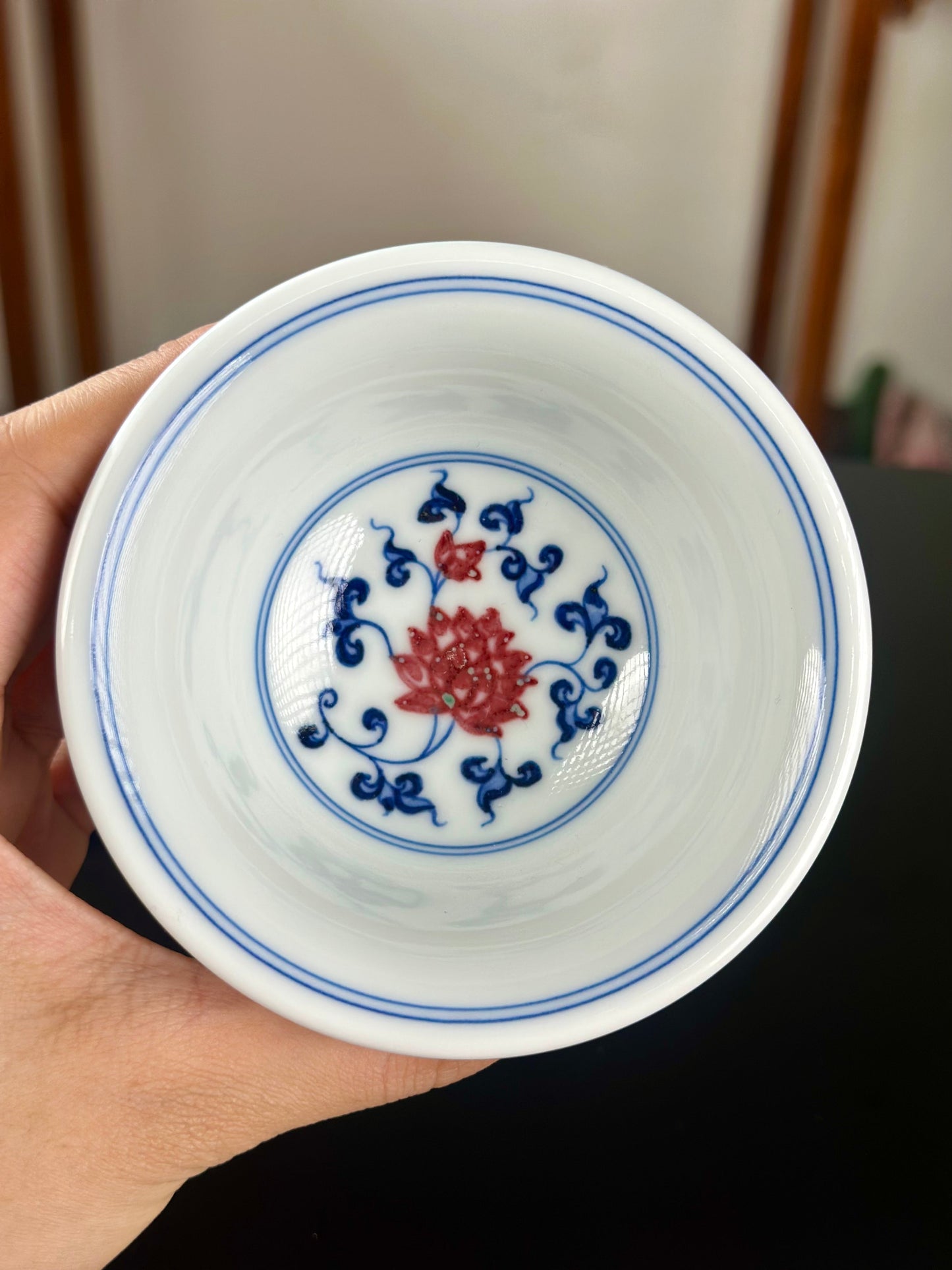 Handpainted Chinese Traditional Lotus and Twined Stem Pattern Blue and White Underglaze Red Youlihong Porcelain Jingdezhen