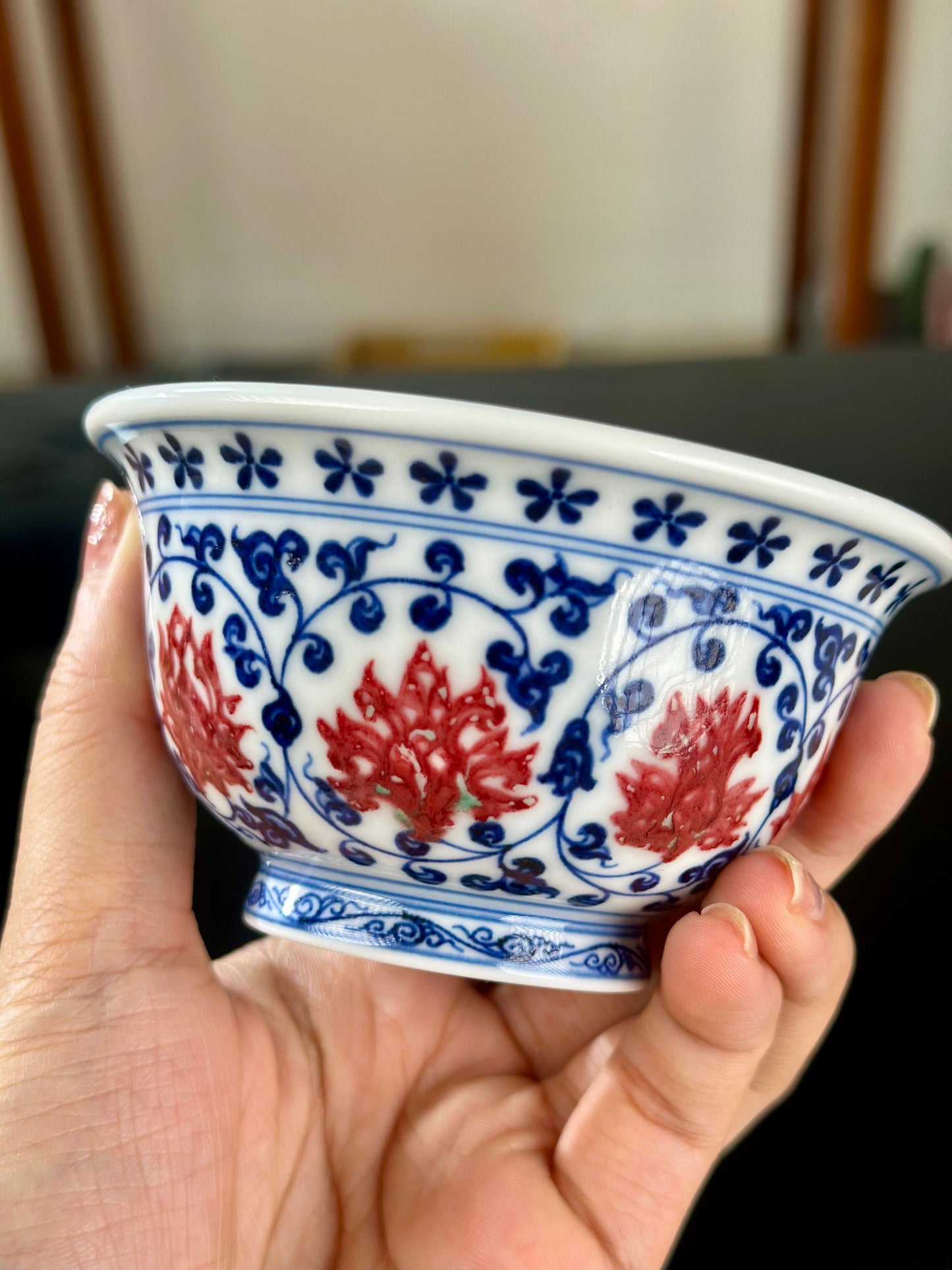Handpainted Chinese Traditional Lotus and Twined Stem Pattern Blue and White Underglaze Red Youlihong Porcelain Jingdezhen