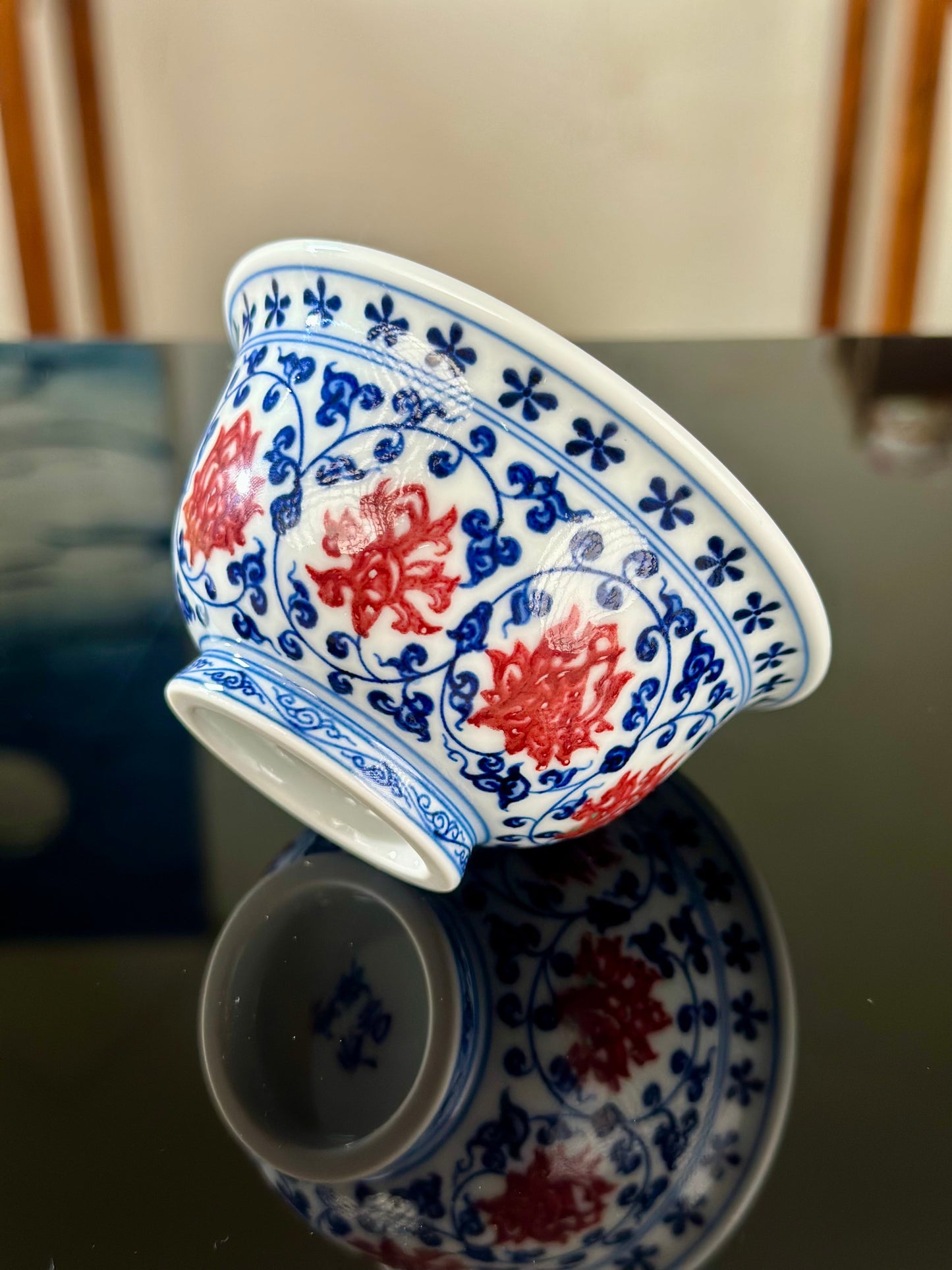 Handpainted Chinese Traditional Lotus and Twined Stem Pattern Blue and White Underglaze Red Youlihong Porcelain Jingdezhen