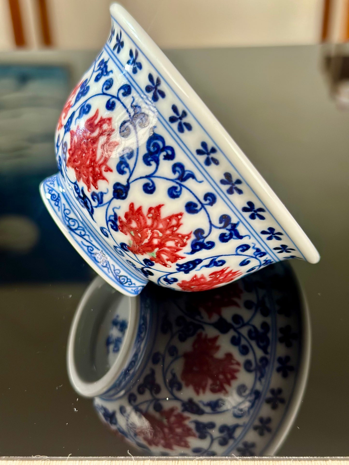 Handpainted Chinese Traditional Lotus and Twined Stem Pattern Blue and White Underglaze Red Youlihong Porcelain Jingdezhen