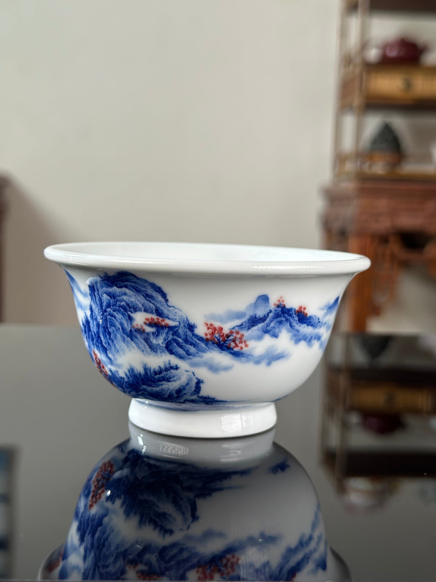 Handpainted Chinese Blue and White Underglaze Red Youlihong Porcelain Jingdezhen Mountain Landscape Pattern Teacup