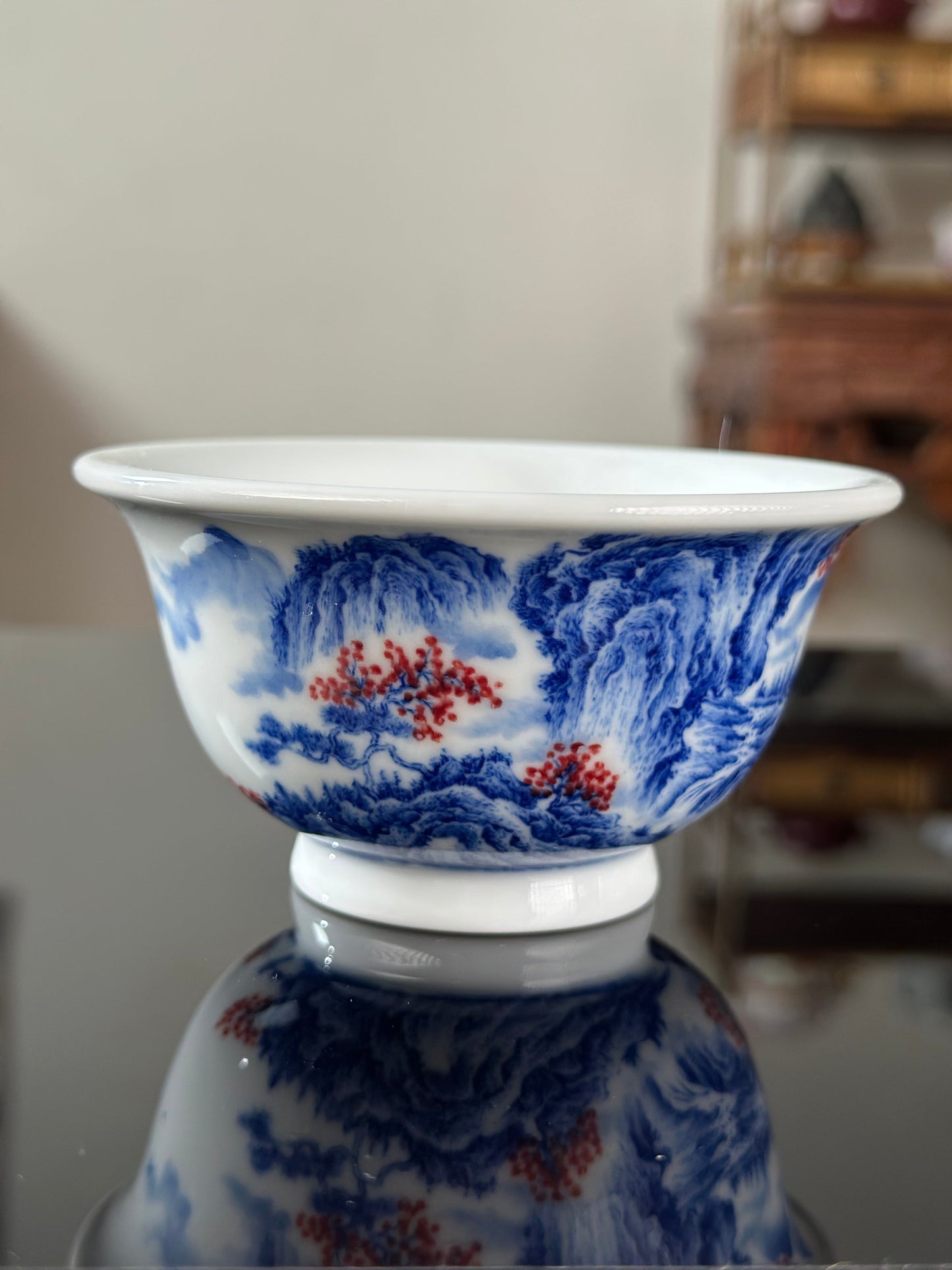 Handpainted Chinese Blue and White Underglaze Red Youlihong Porcelain Jingdezhen Mountain Landscape Pattern Teacup