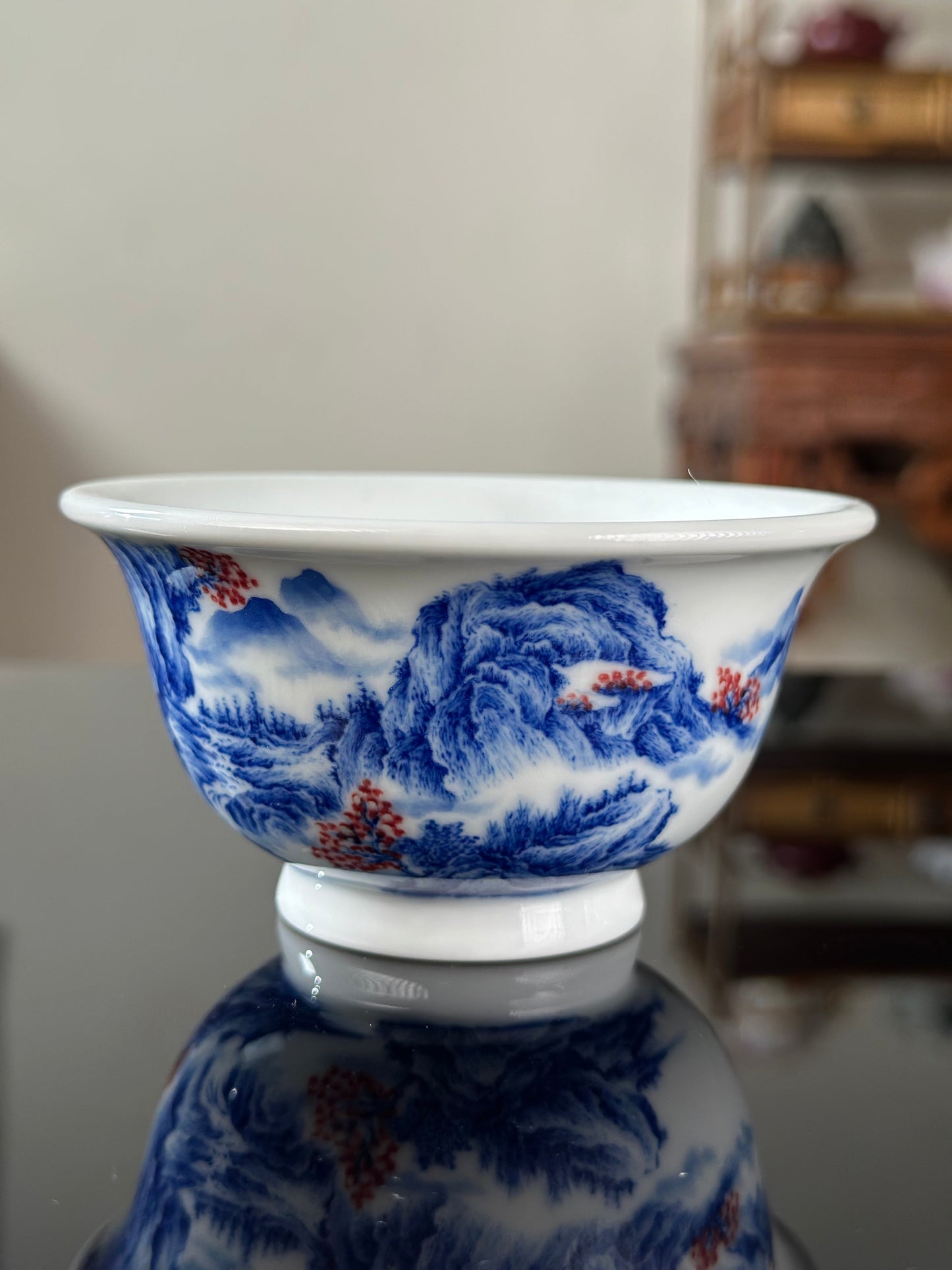 Handpainted Chinese Blue and White Underglaze Red Youlihong Porcelain Jingdezhen Mountain Landscape Pattern Teacup
