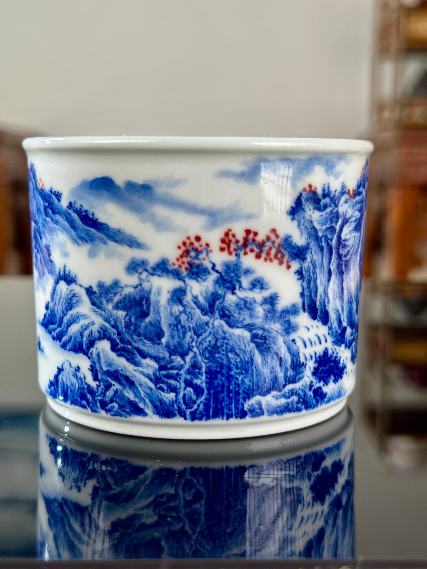 Handpainted Chinese Blue and White Underglaze Red Youlihong Porcelain Jingdezhen Mountain Landscape Pattern Teacup