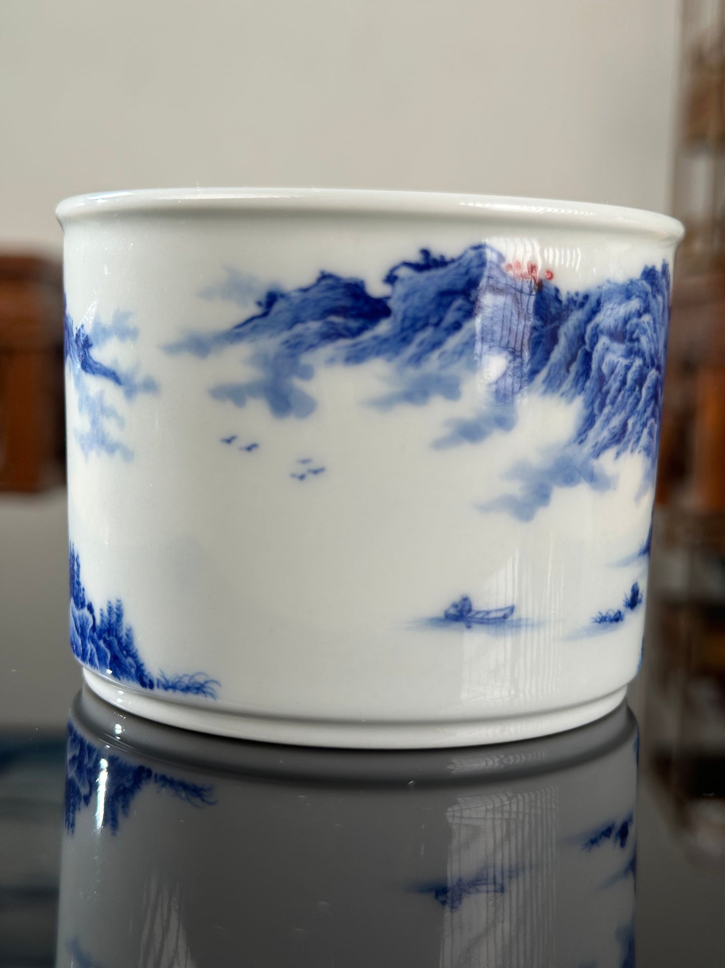 Handpainted Chinese Blue and White Underglaze Red Youlihong Porcelain Jingdezhen Mountain Landscape Pattern Teacup