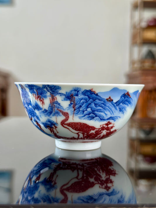 Hand Painted Chinese Landscape Blue and White Porcelain Underglaze Red Porecelain Teacup Jingdezhen Master Ceramic Artwork
