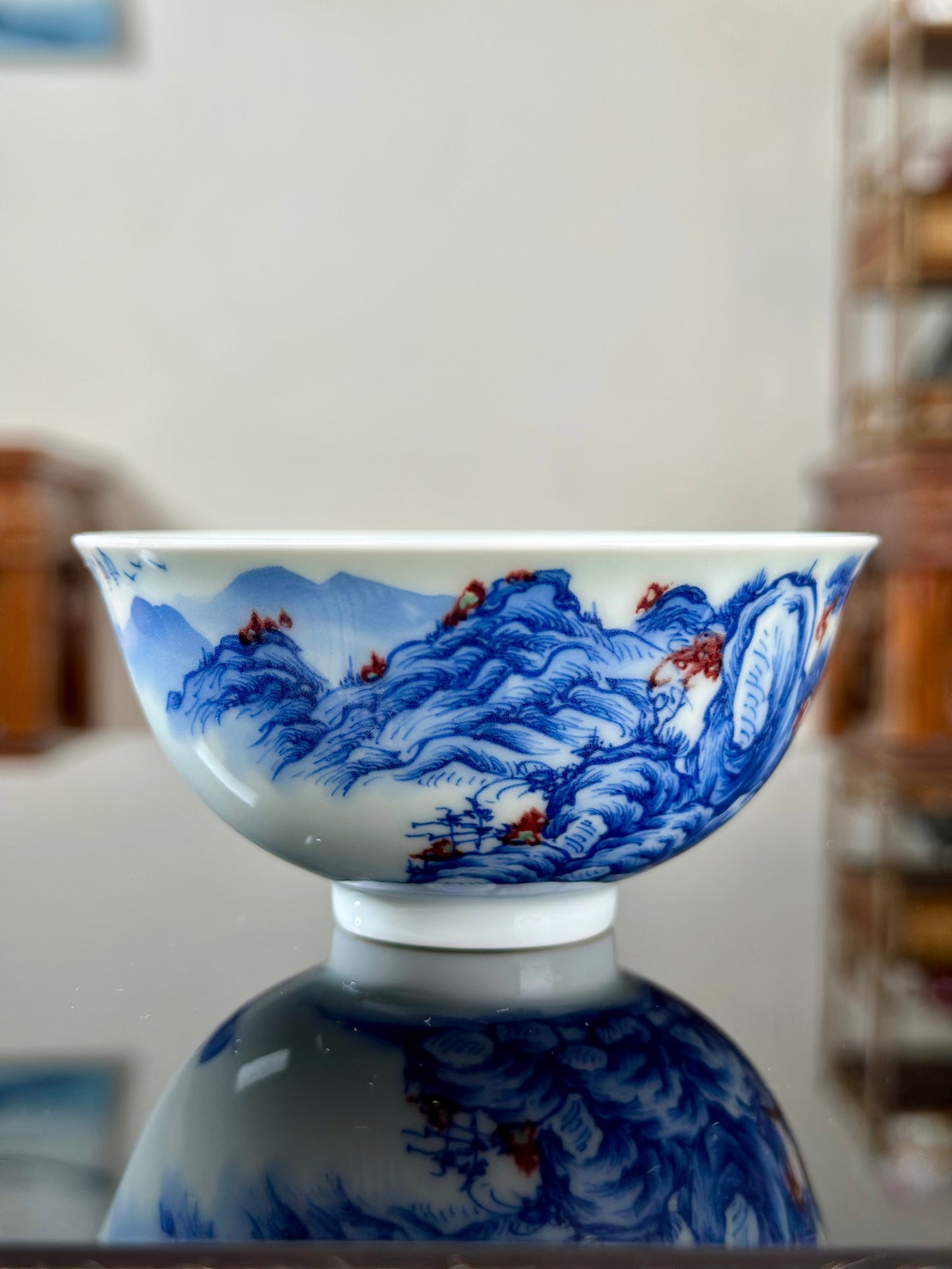 Hand Painted Chinese Landscape Blue and White Porcelain Underglaze Red Porecelain Teacup Jingdezhen Master Ceramic Artwork