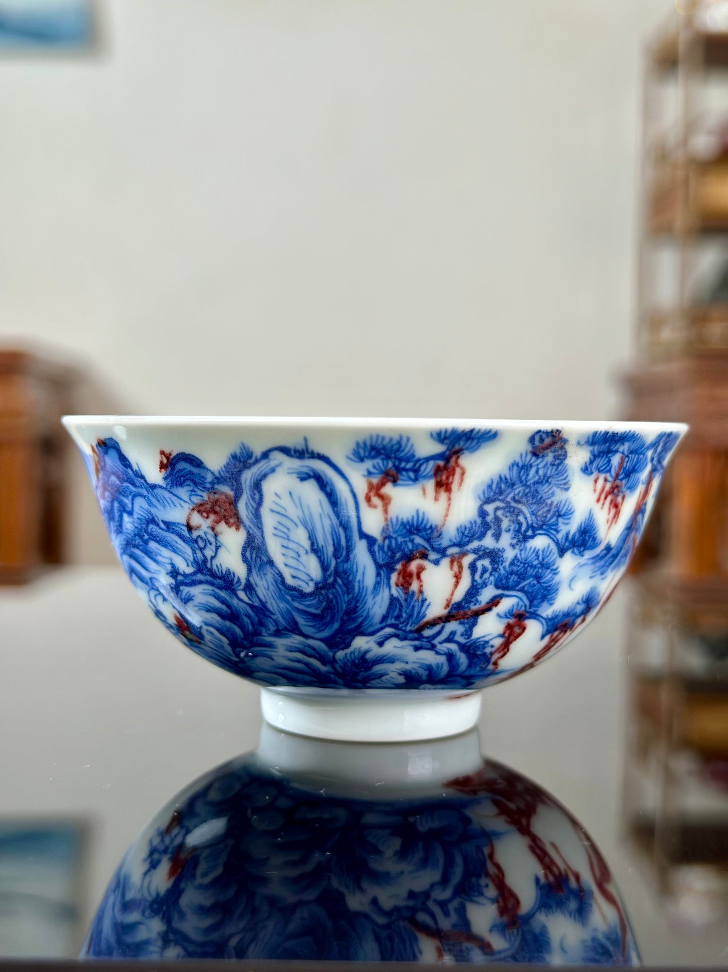 Hand Painted Chinese Landscape Blue and White Porcelain Underglaze Red Porecelain Teacup Jingdezhen Master Ceramic Artwork