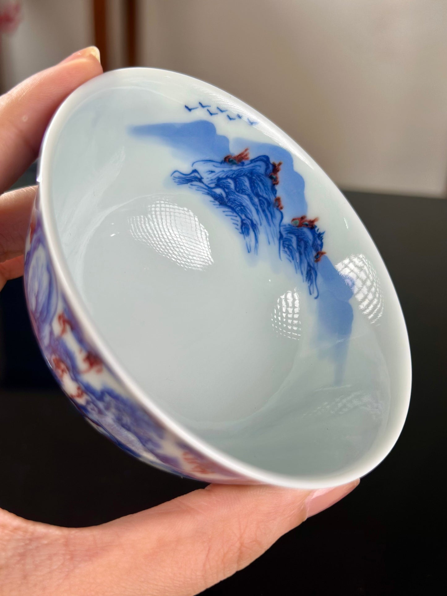 Hand Painted Chinese Landscape Blue and White Porcelain Underglaze Red Porecelain Teacup Jingdezhen Master Ceramic Artwork
