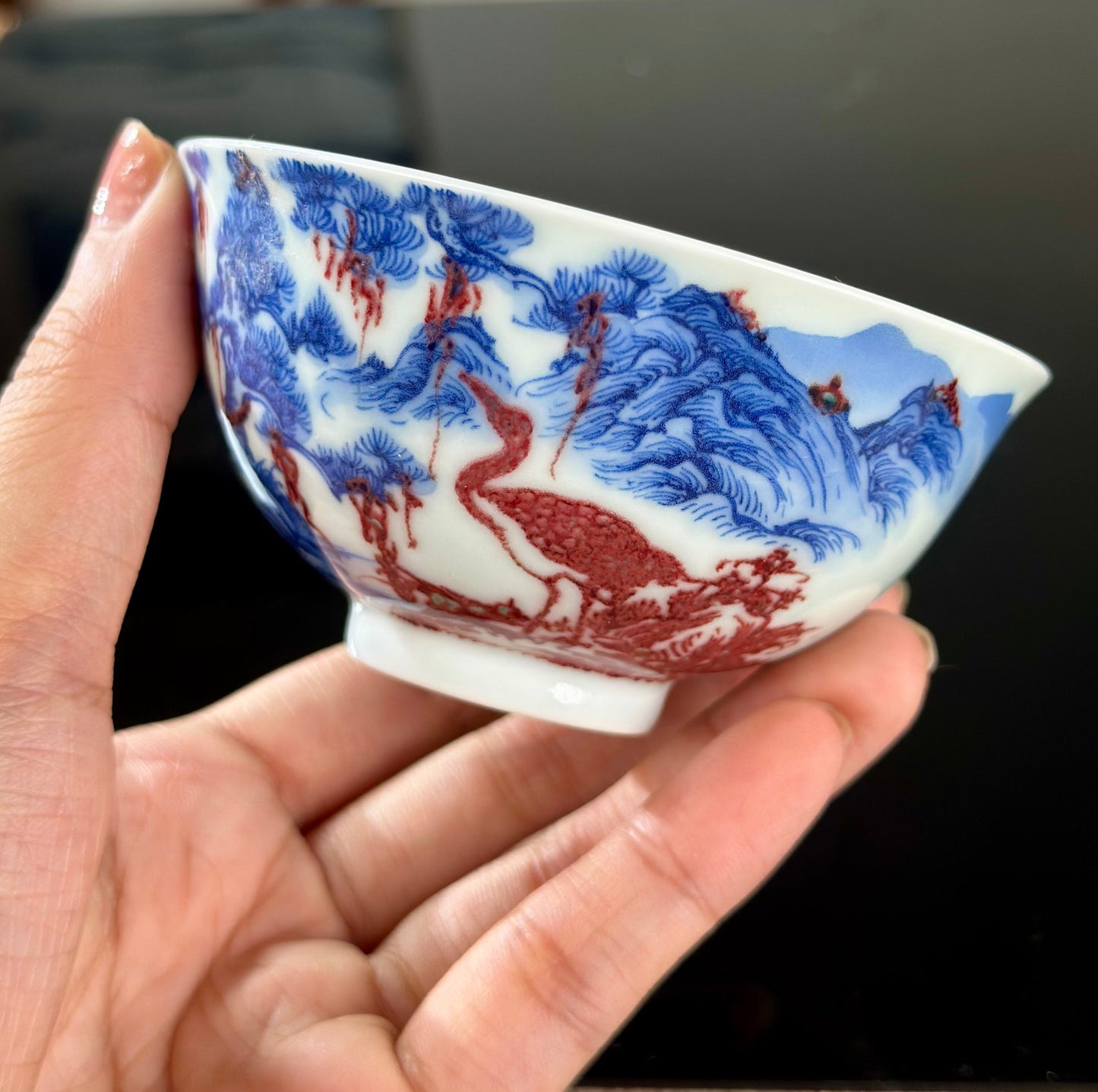 Hand Painted Chinese Landscape Blue and White Porcelain Underglaze Red Porecelain Teacup Jingdezhen Master Ceramic Artwork