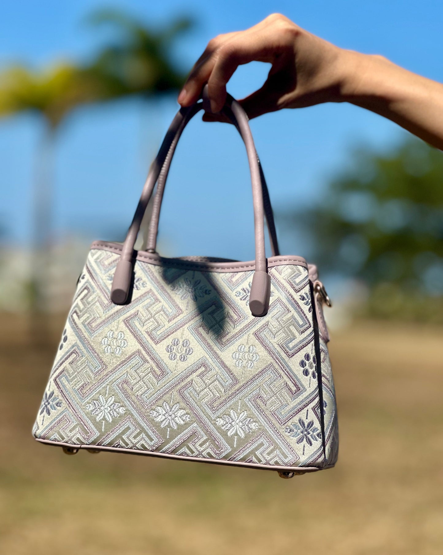 Handmade Chinese High-class Zhuang Brocade Wanji Pattern Classic Purple Handle Bag