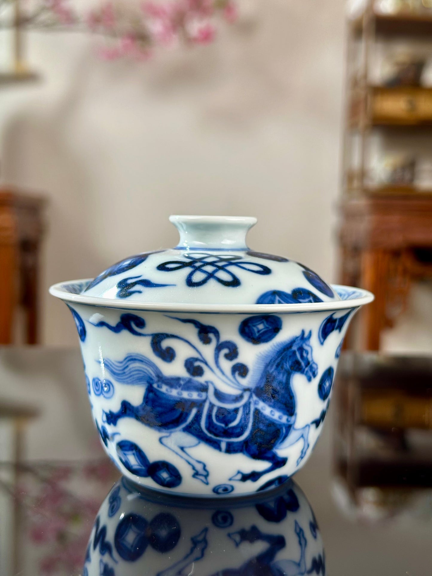 Handpainted Chinese Horse Pattern Blue White Porcelain Jingdezhen Gaiwan Teapot