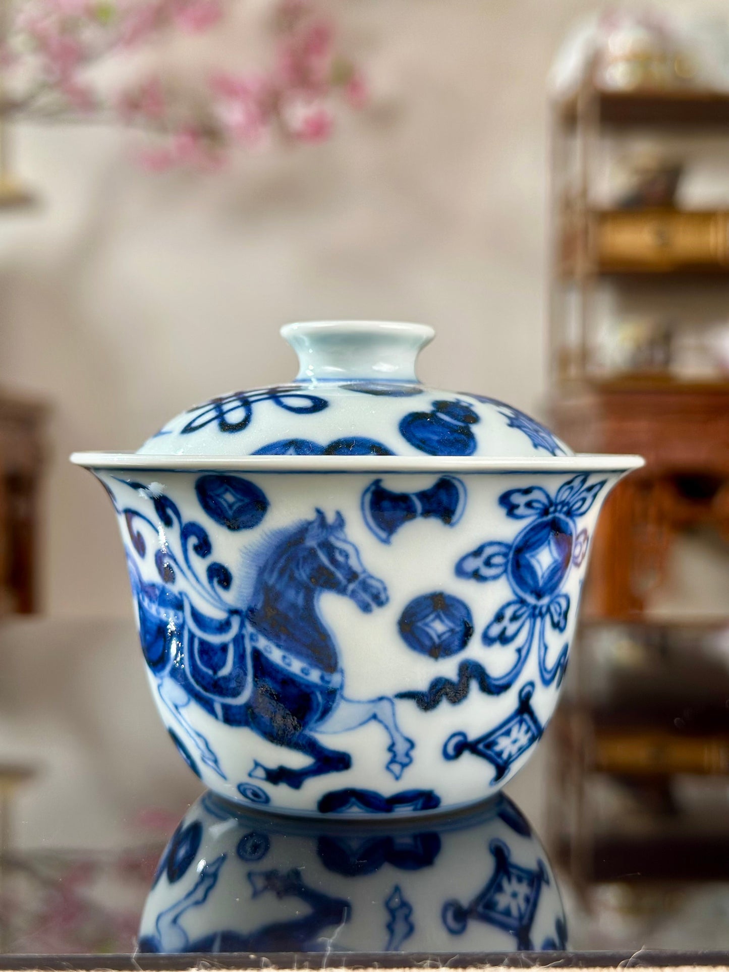 Handpainted Chinese Horse Pattern Blue White Porcelain Jingdezhen Gaiwan Teapot