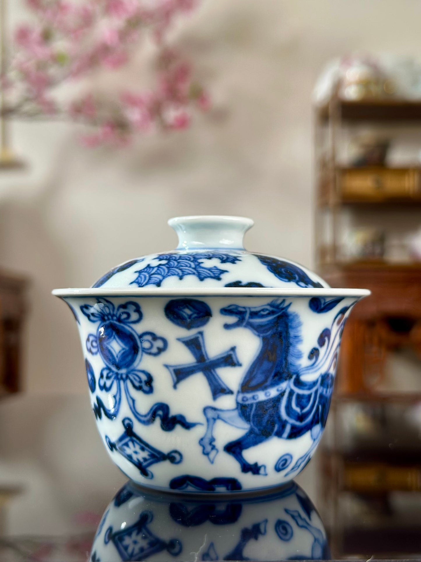 Handpainted Chinese Horse Pattern Blue White Porcelain Jingdezhen Gaiwan Teapot