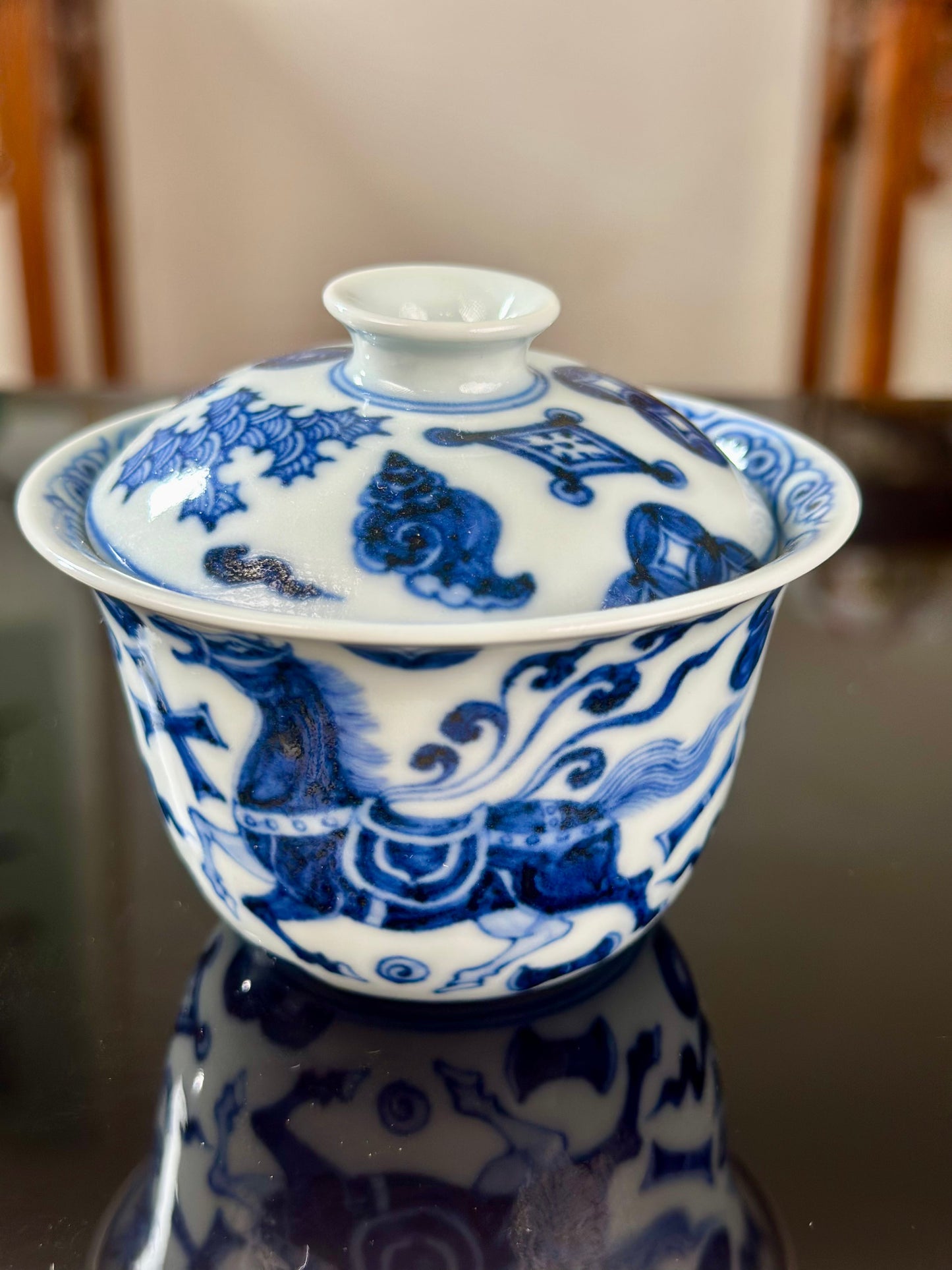 Handpainted Chinese Horse Pattern Blue White Porcelain Jingdezhen Gaiwan Teapot