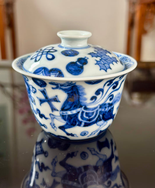 Handpainted Chinese Horse Pattern Blue White Porcelain Jingdezhen Gaiwan Teapot
