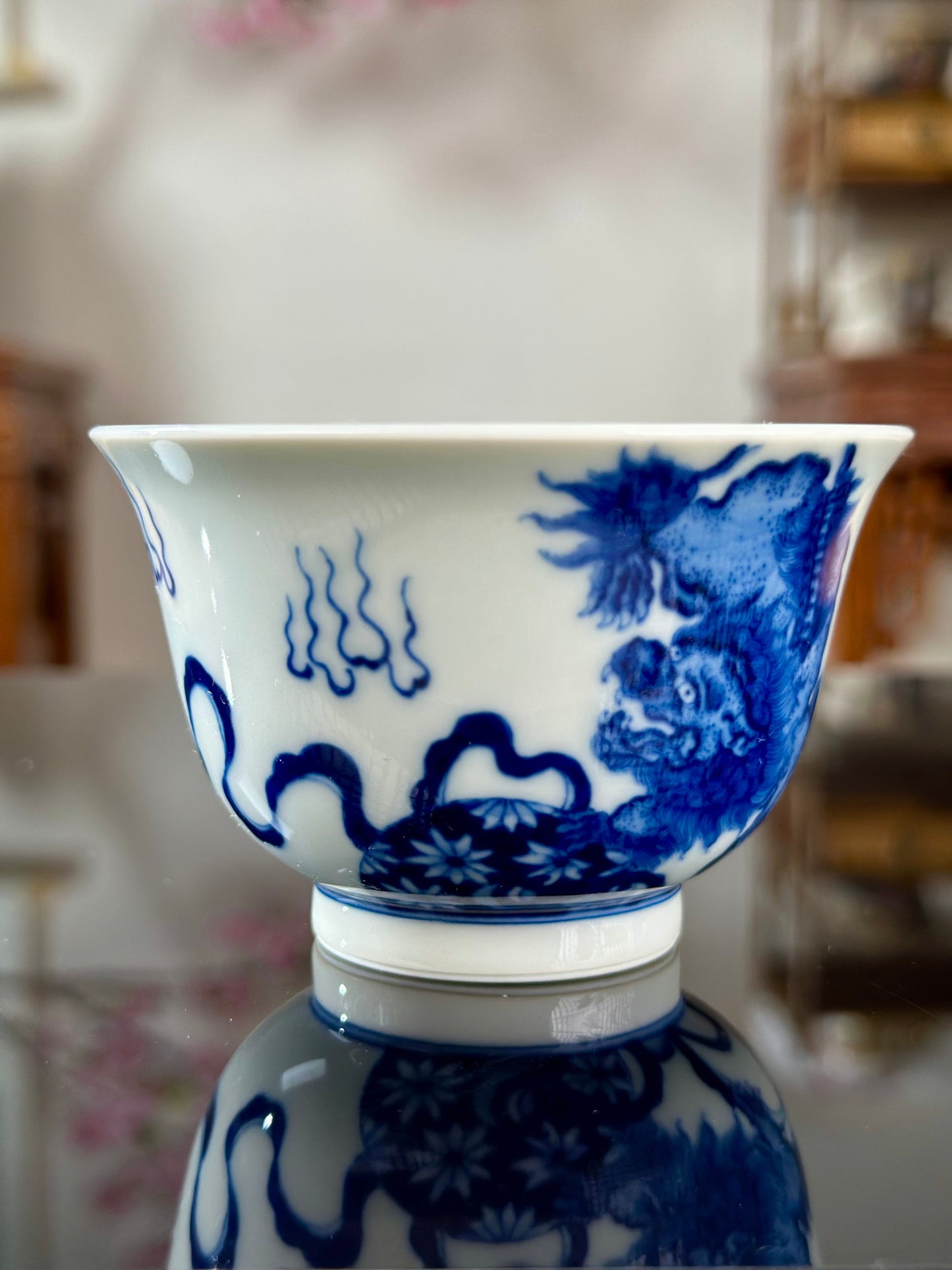 Handpainted Chinese Lion Pattern Blue White Porcelain Jingdezhen Gaiwan Teapot