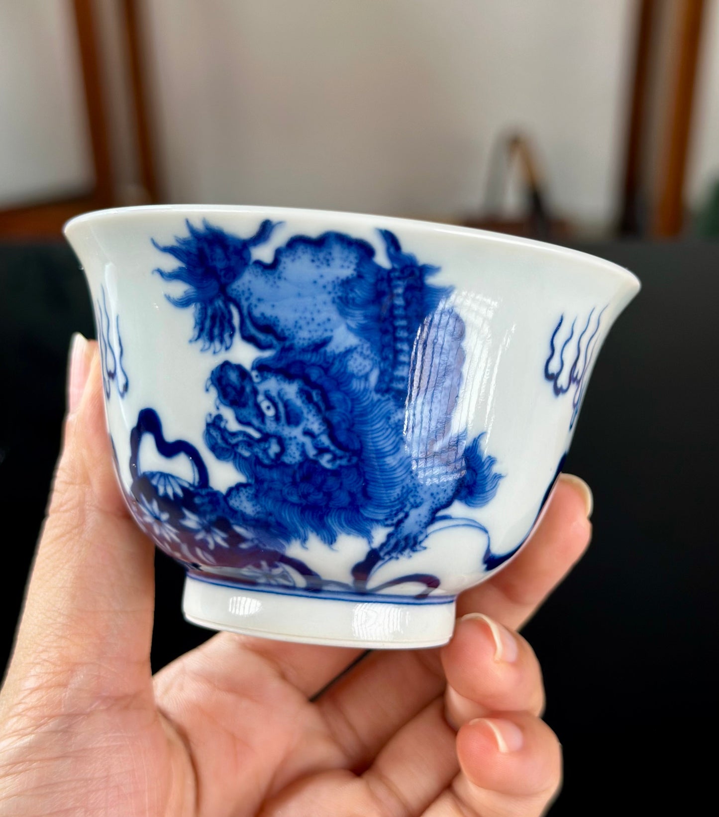 Handpainted Chinese Lion Pattern Blue White Porcelain Jingdezhen Gaiwan Teapot