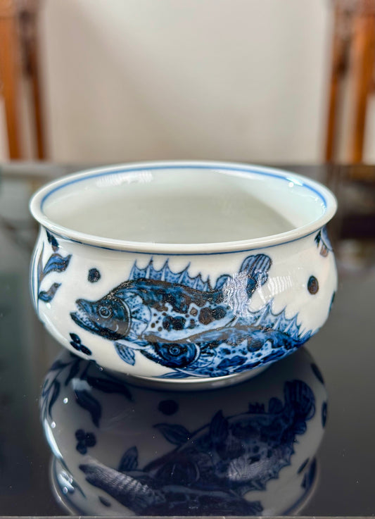 Handpainted Chinese Traditional Fish Imitating Yuan Dynasty Style Blue White Porcelain Teapot Jingdezhen Gaiwan