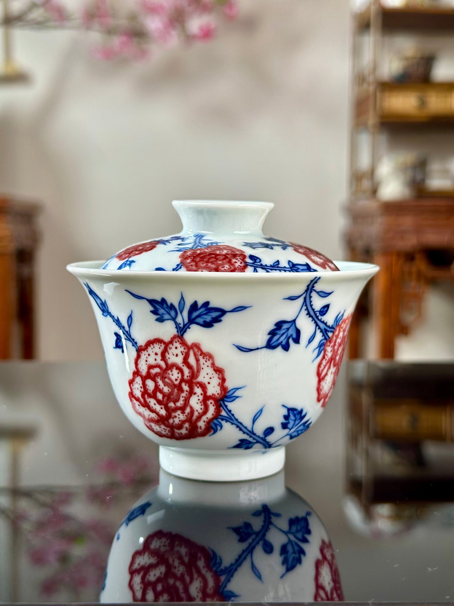 Hand Painted Chinese Landscape Blue and White Porcelain Underglaze Red Porecelain Teacup Jingdezhen Master Ceramic Artwork