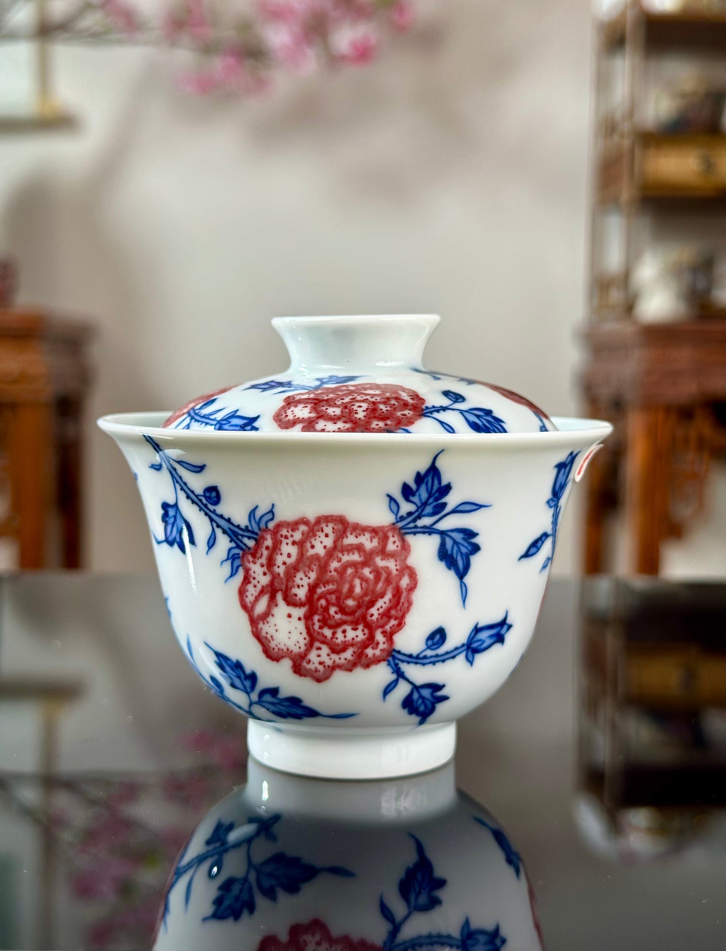 Hand Painted Chinese Landscape Blue and White Porcelain Underglaze Red Porecelain Teacup Jingdezhen Master Ceramic Artwork