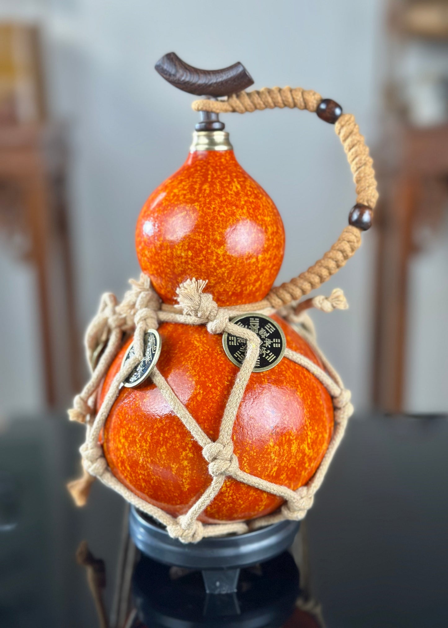Hand dyed Orange Chinese Lacquerware Hulu Natural Gourd Water Tea Container Classical Home Decor