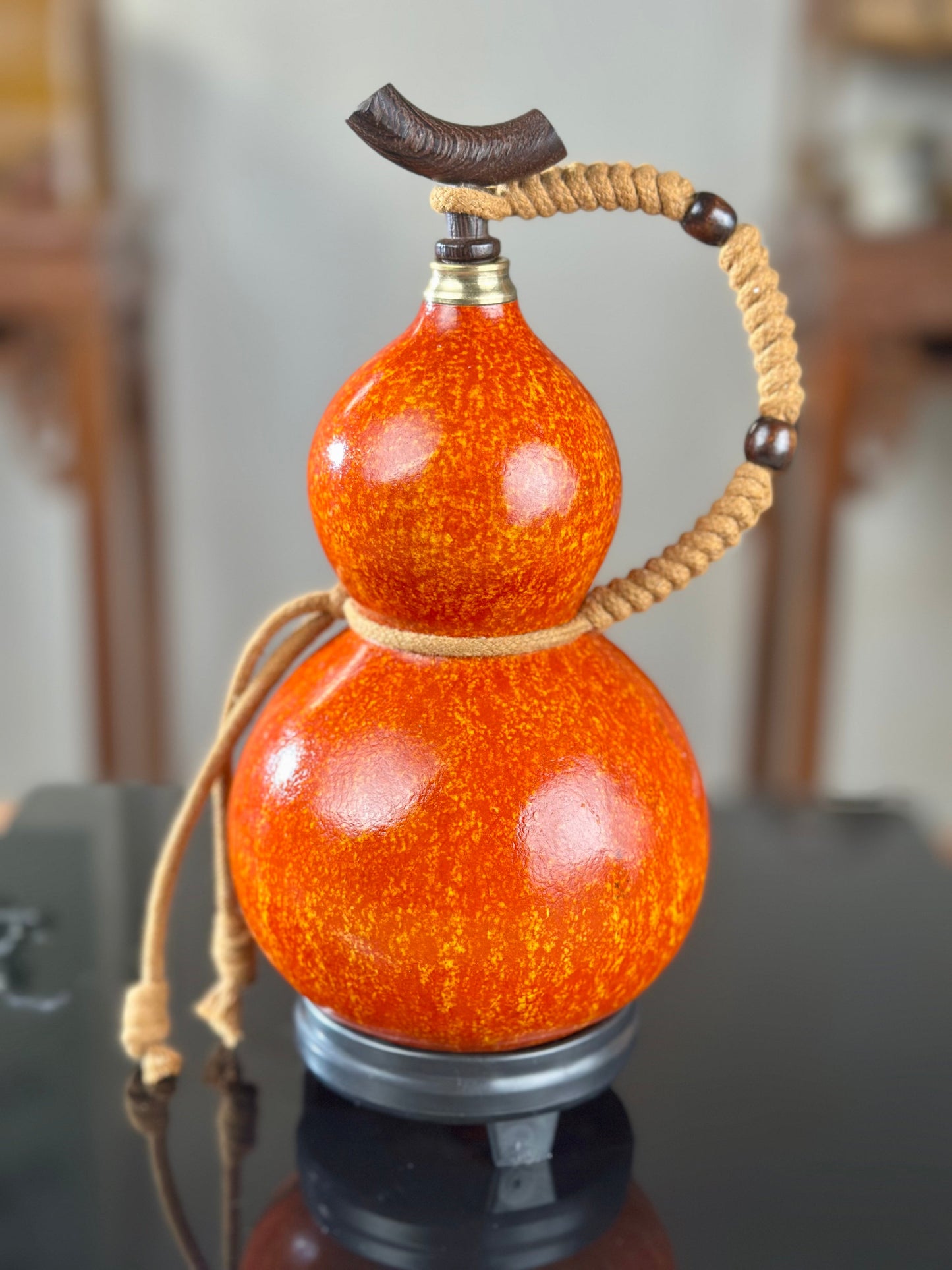 Hand dyed Orange Chinese Lacquerware Hulu Natural Gourd Water Tea Container Classical Home Decor