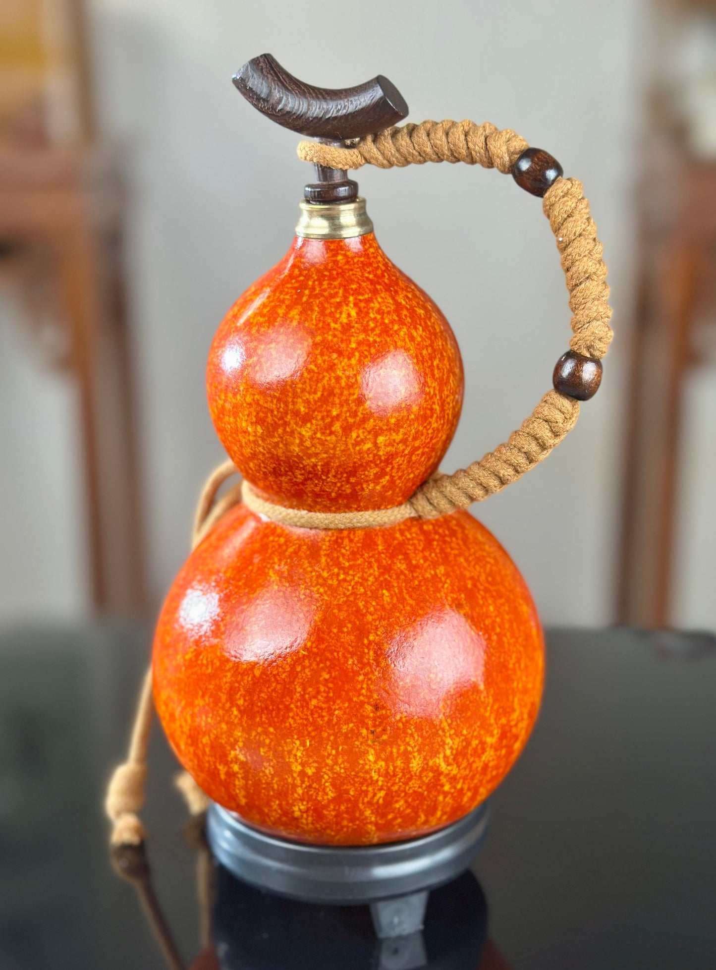 Hand dyed Orange Chinese Lacquerware Hulu Natural Gourd Water Tea Container Classical Home Decor