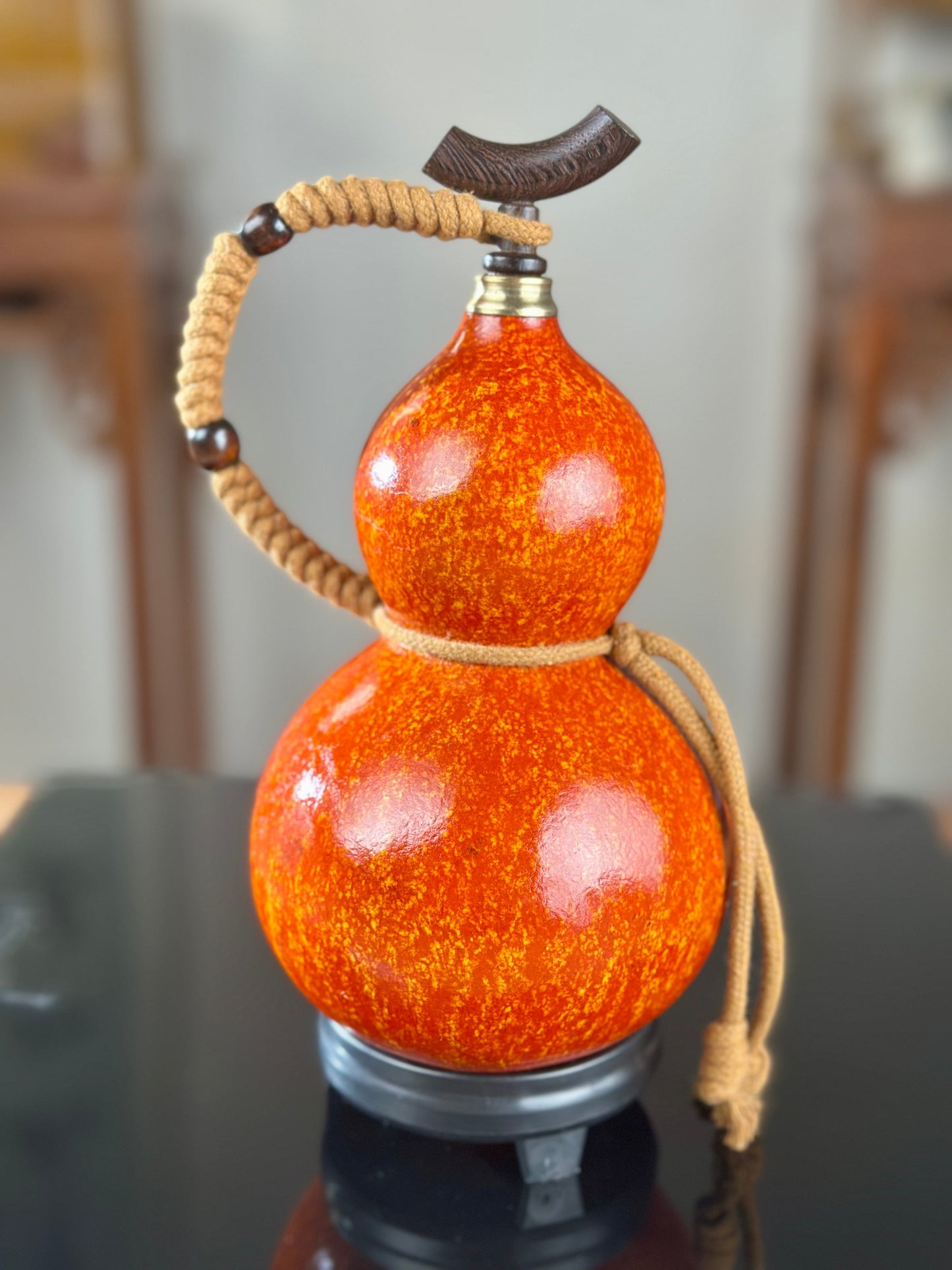 Hand dyed Orange Chinese Lacquerware Hulu Natural Gourd Water Tea Container Classical Home Decor
