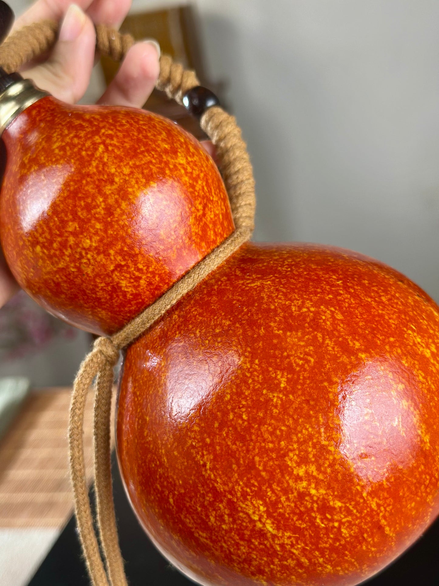 Hand dyed Orange Chinese Lacquerware Hulu Natural Gourd Water Tea Container Classical Home Decor
