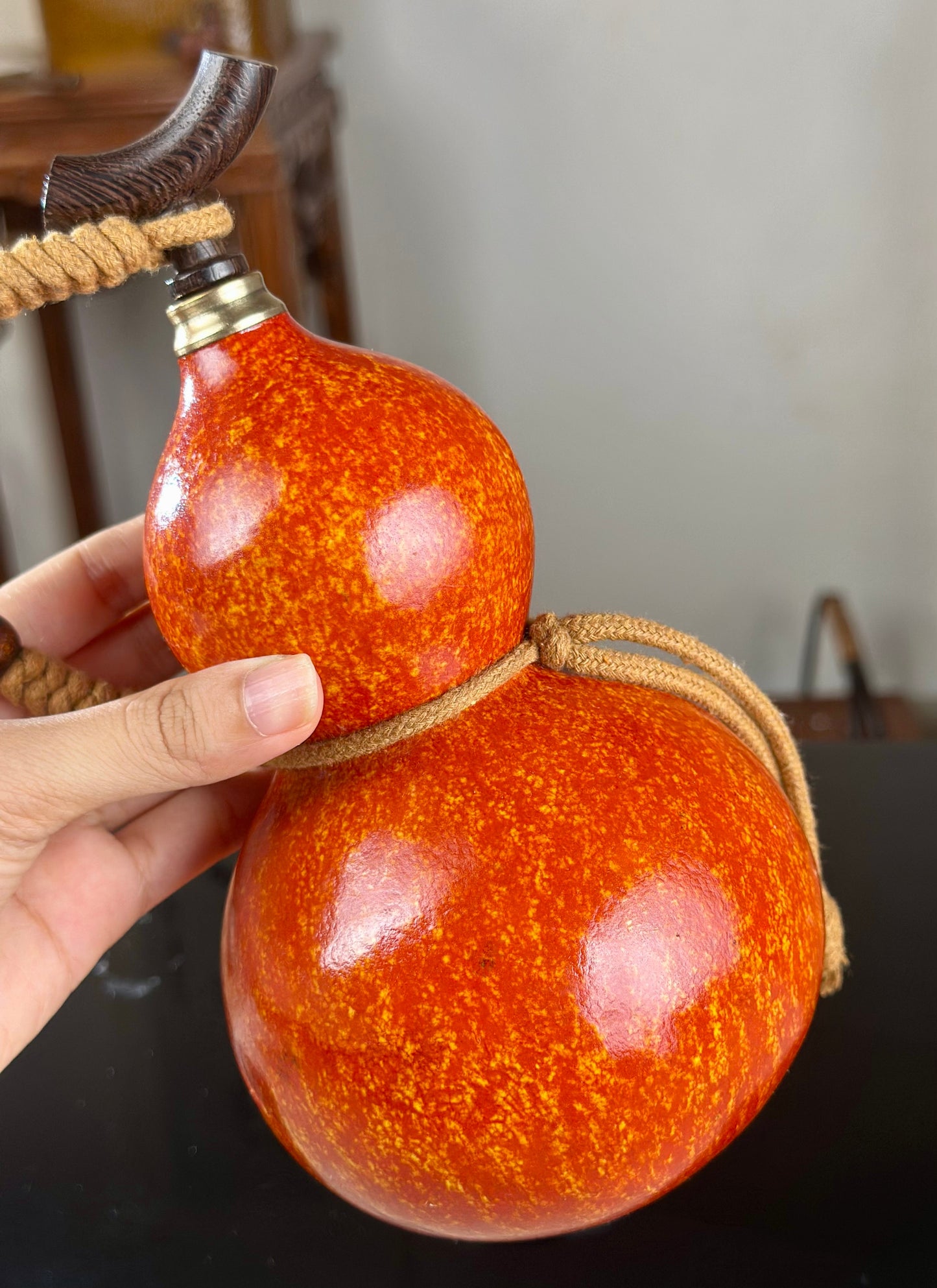 Hand dyed Orange Chinese Lacquerware Hulu Natural Gourd Water Tea Container Classical Home Decor