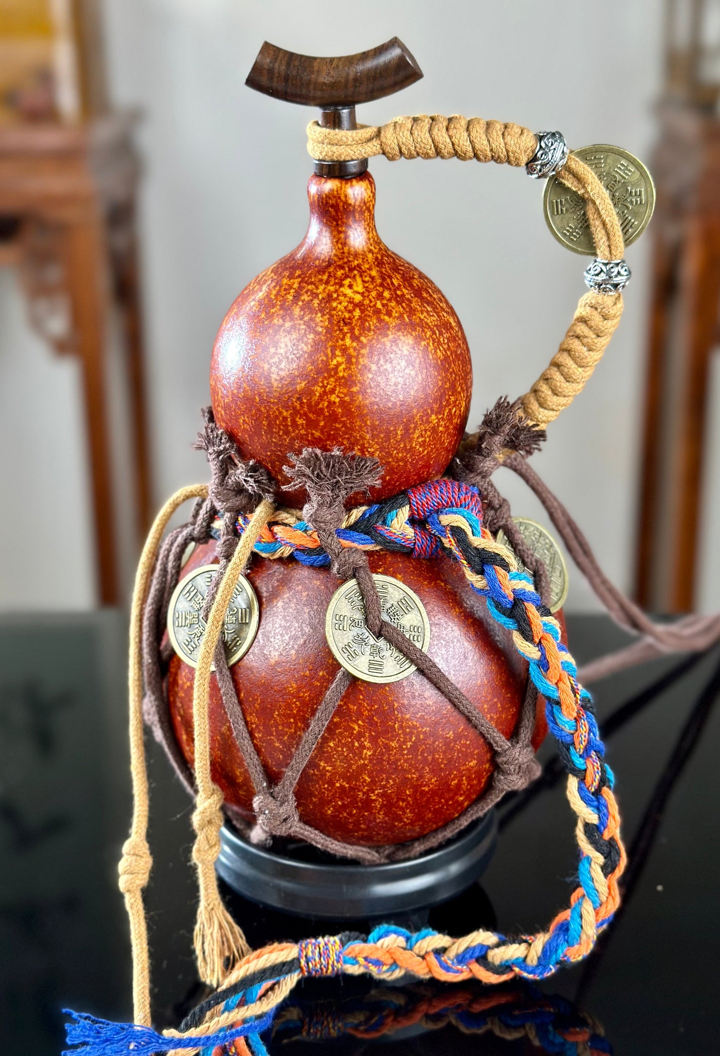 Hand dyed Brown Chinese Lacquerware Hulu Natural Gourd Water Tea Container Classical Home Decor