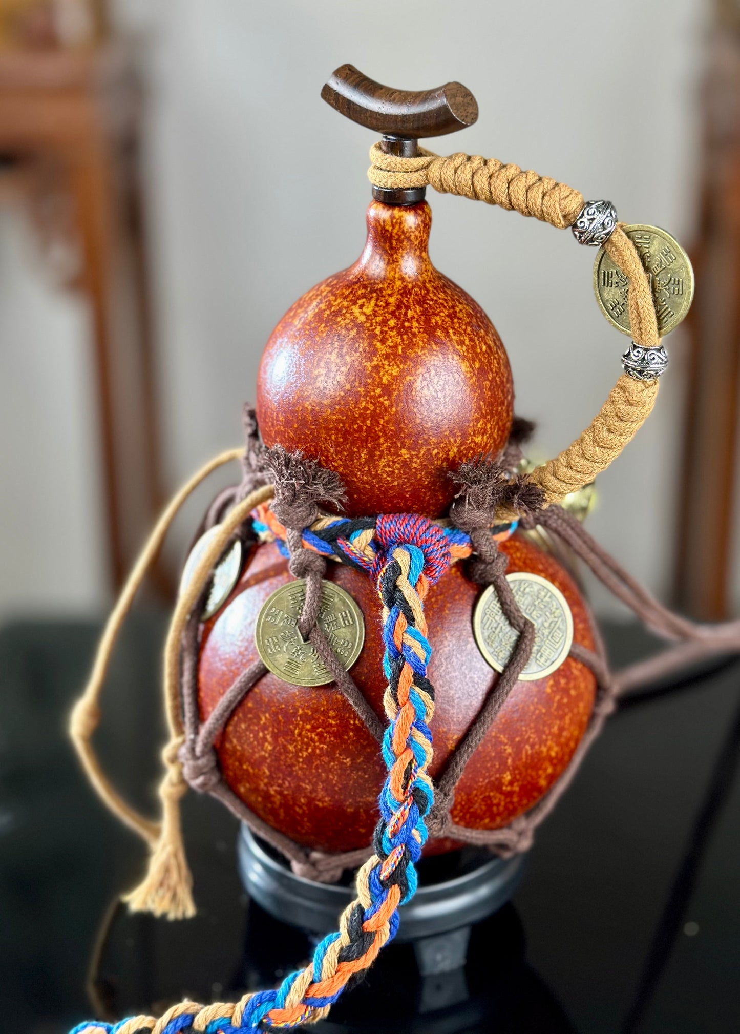 Hand dyed Brown Chinese Lacquerware Hulu Natural Gourd Water Tea Container Classical Home Decor