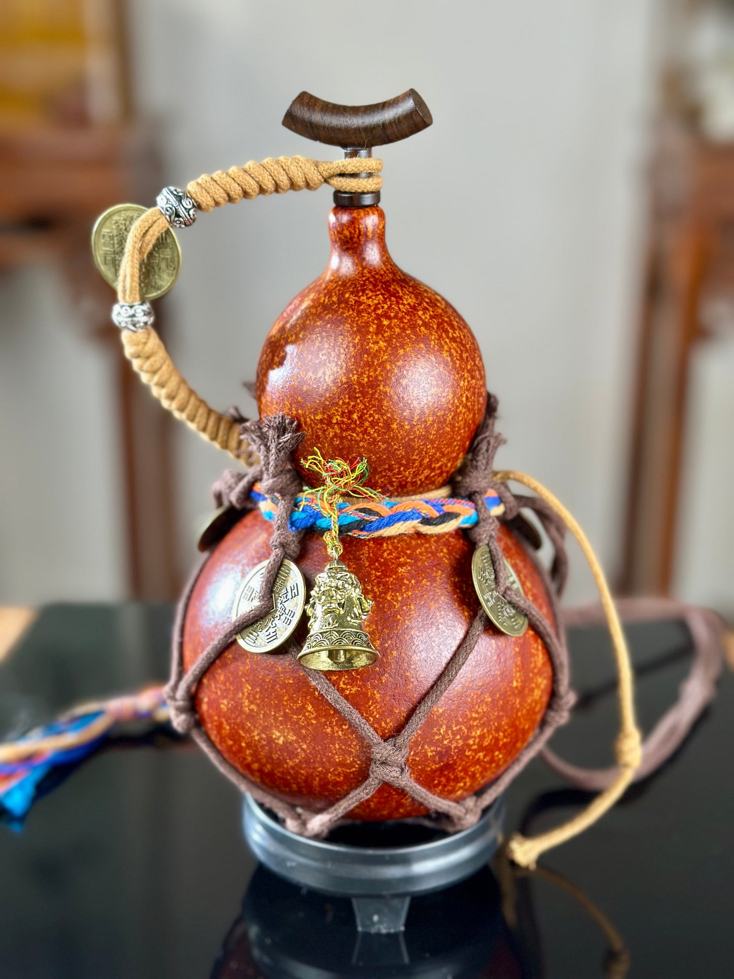 Hand dyed Brown Chinese Lacquerware Hulu Natural Gourd Water Tea Container Classical Home Decor