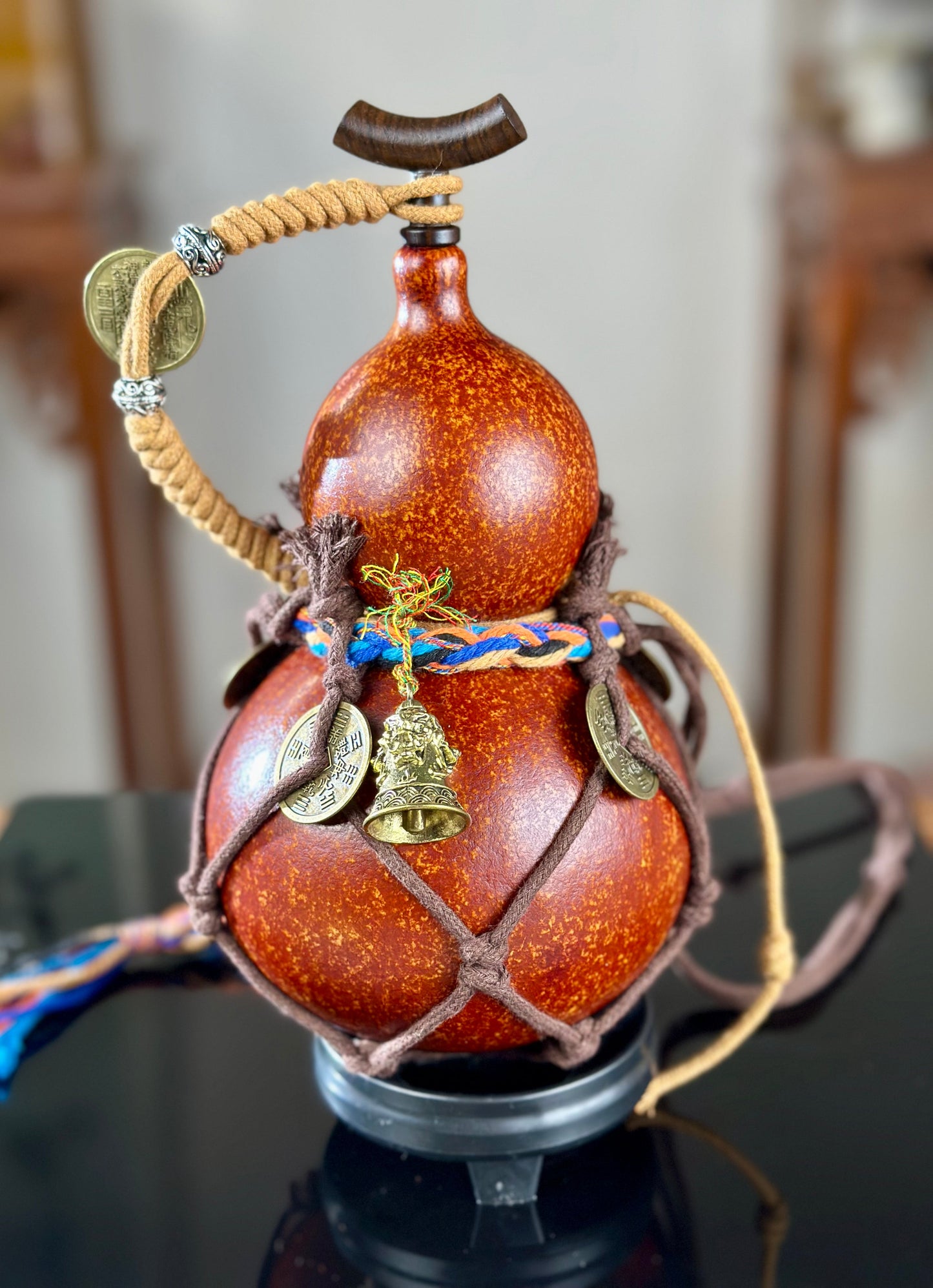 Hand dyed Brown Chinese Lacquerware Hulu Natural Gourd Water Tea Container Classical Home Decor