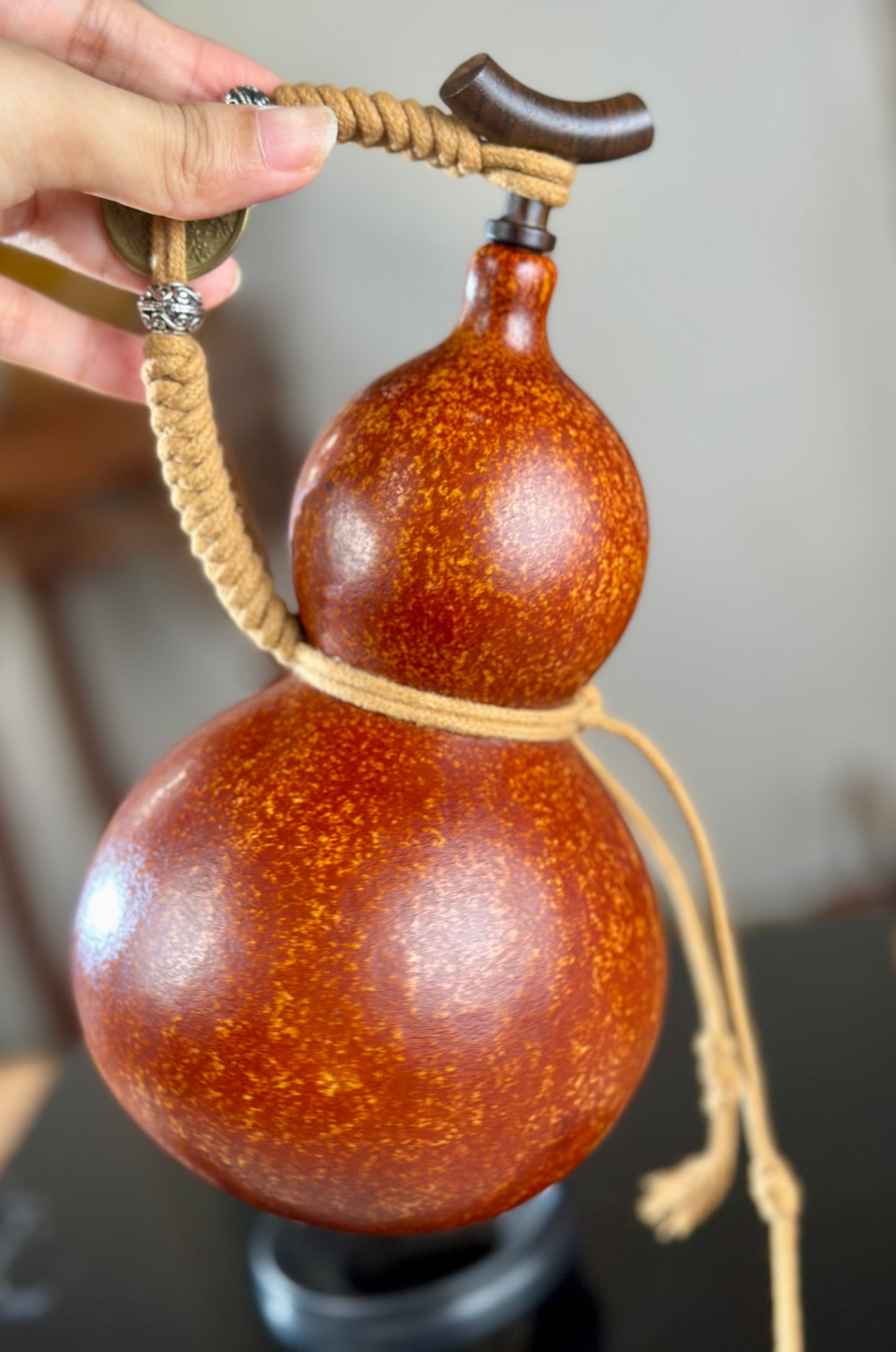 Hand dyed Brown Chinese Lacquerware Hulu Natural Gourd Water Tea Container Classical Home Decor