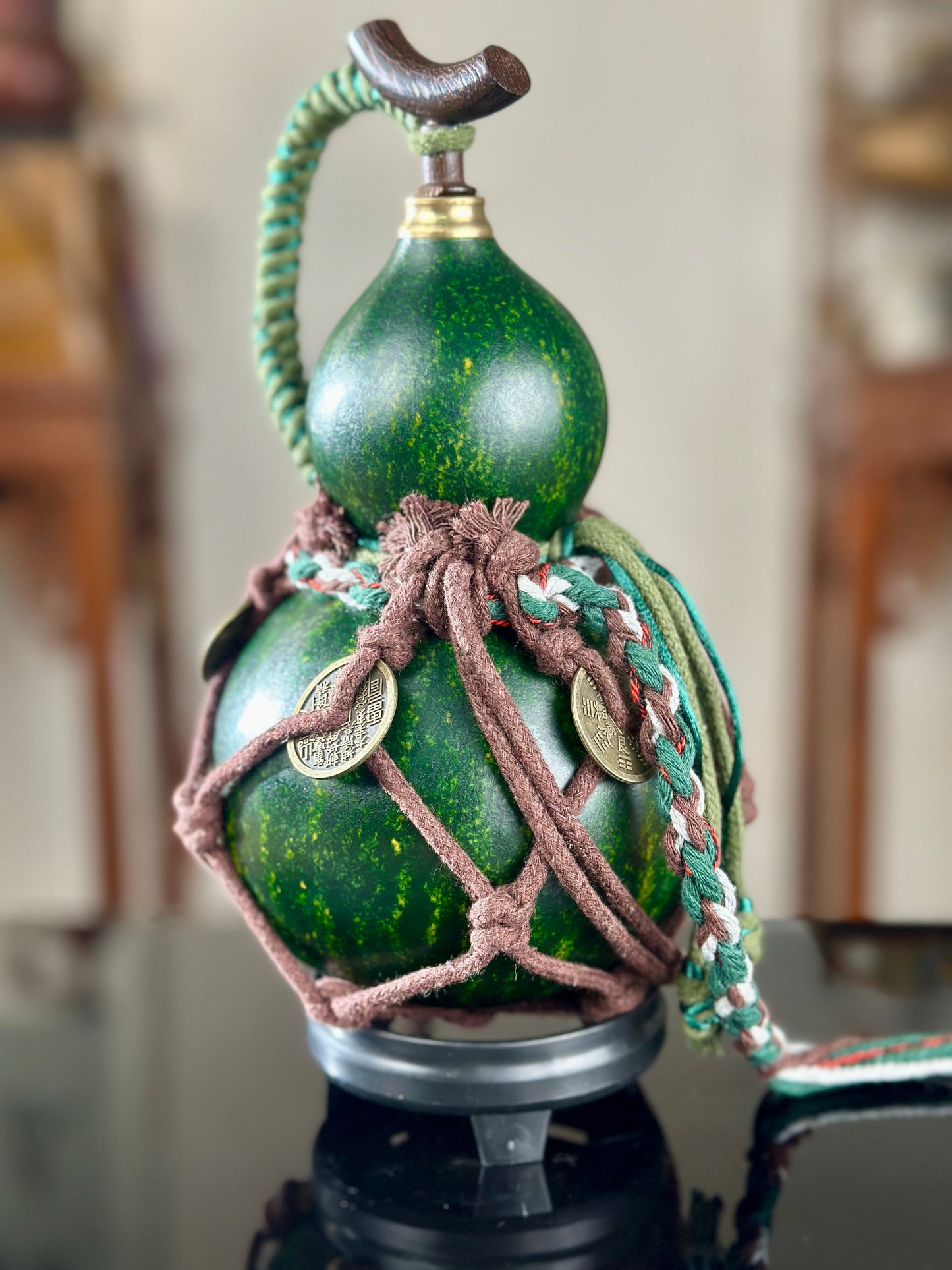 Hand dyed Woody Green Chinese Fengshui Ornament Lacquerware Hulu Natural Gourd Water Tea Container Classical Home Decor