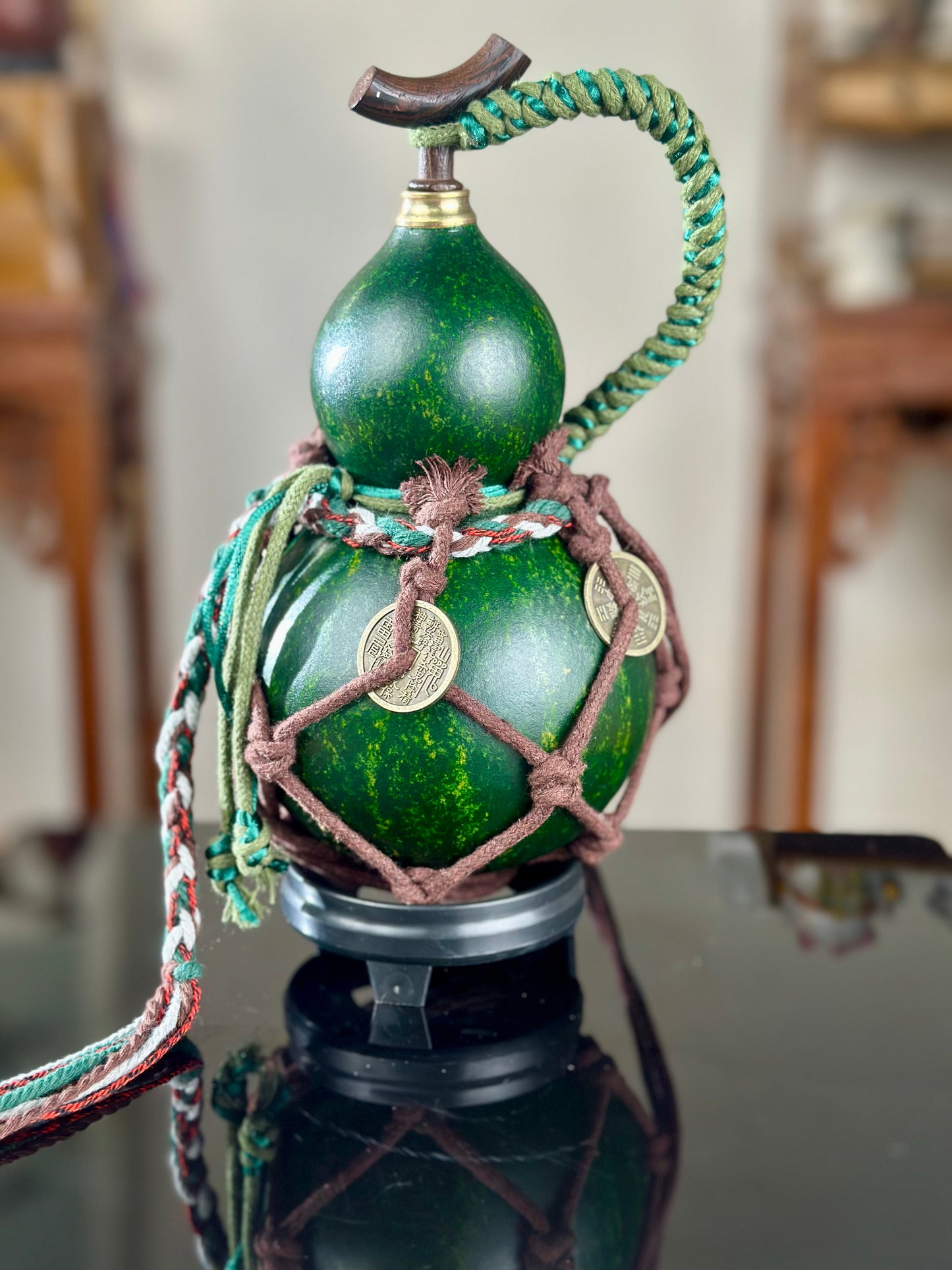 Hand dyed Woody Green Chinese Fengshui Ornament Lacquerware Hulu Natural Gourd Water Tea Container Classical Home Decor