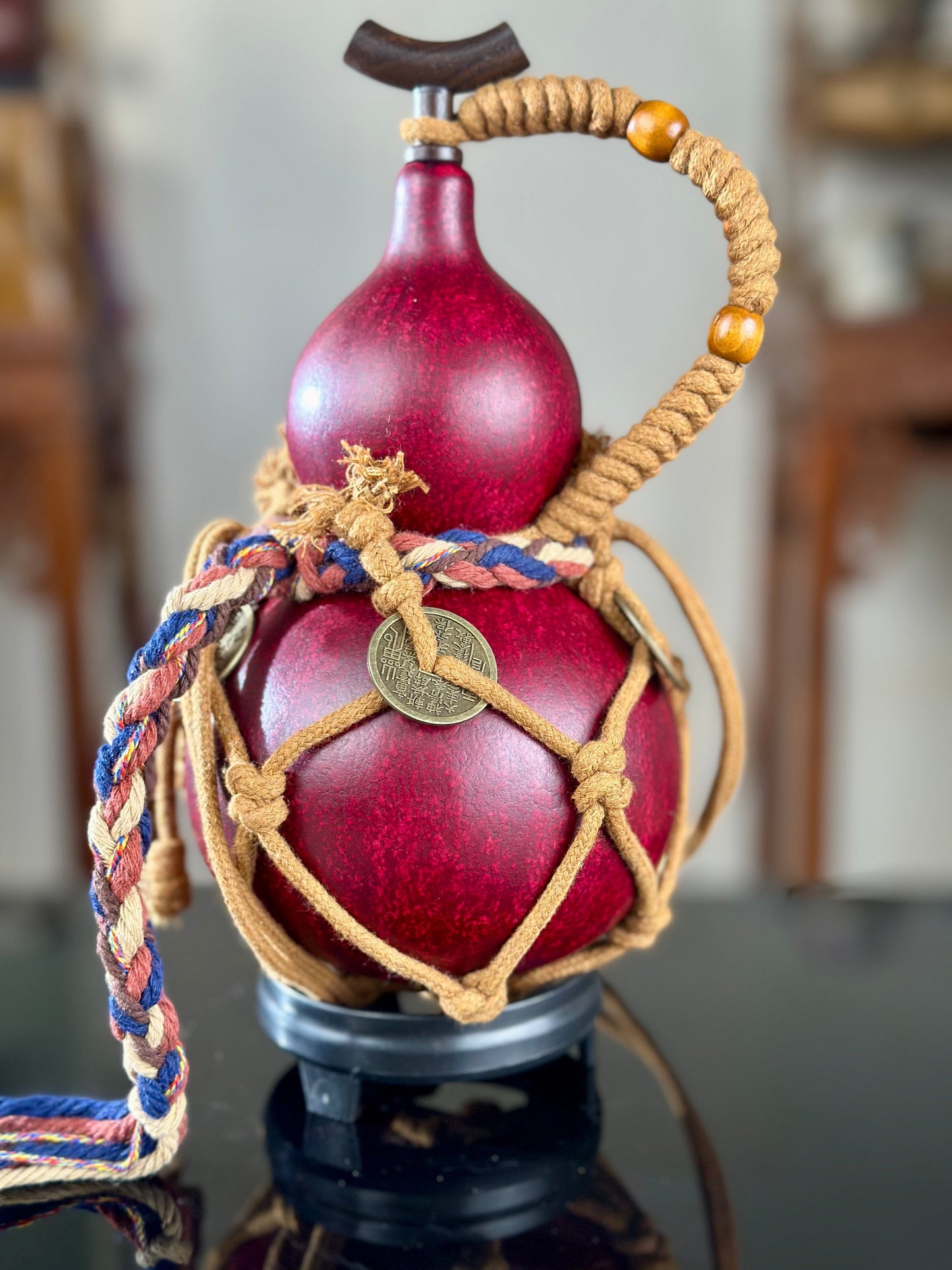 Hand dyed Golden Chinese Lacquerware Fengshui Ornament Hulu Natural Gourd Water Tea Container Classical Home Decor