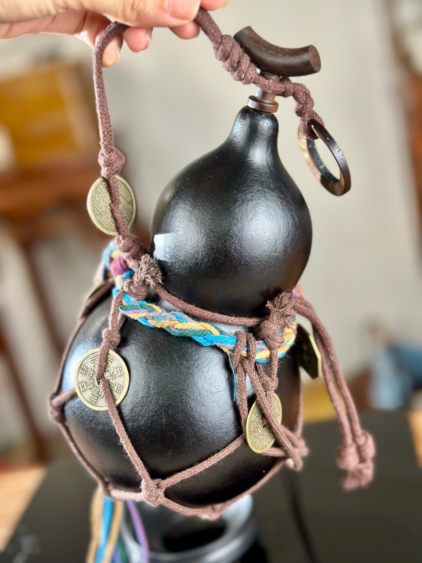 Hand dyed Fengshui Ornament Bright Black Chinese Lacquerware Hulu Natural Gourd Water Tea Container Classical Home Decor