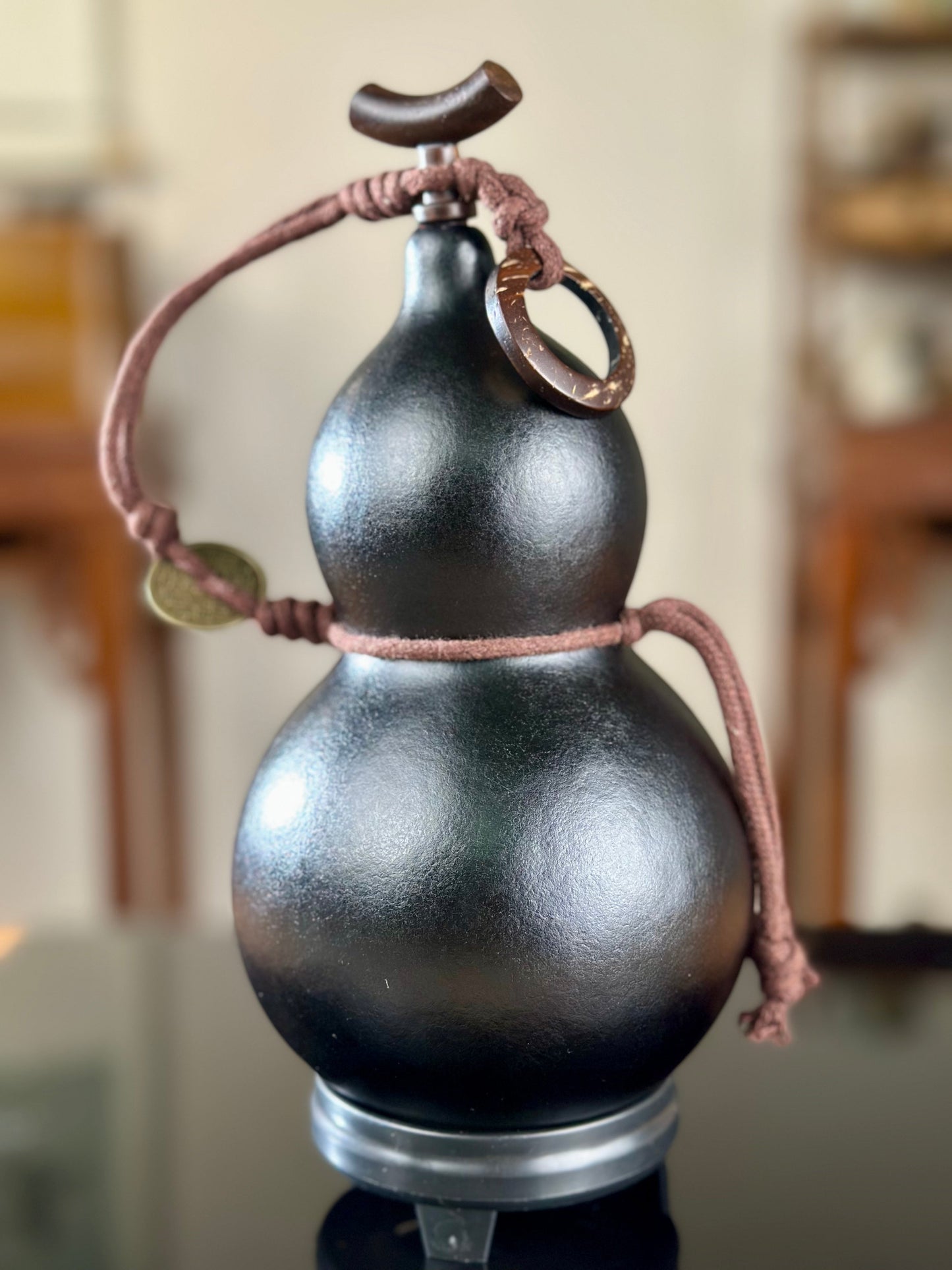 Hand dyed Fengshui Ornament Bright Black Chinese Lacquerware Hulu Natural Gourd Water Tea Container Classical Home Decor