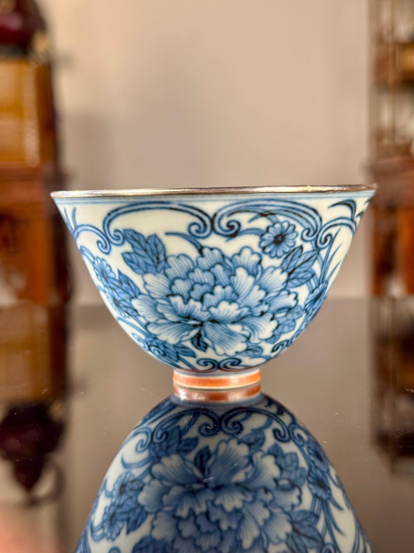 Handcrafted Chinese Blue White Porcelain Handpainted Peony Pure Silver EdgeJingdezhen Artwokr Teacup